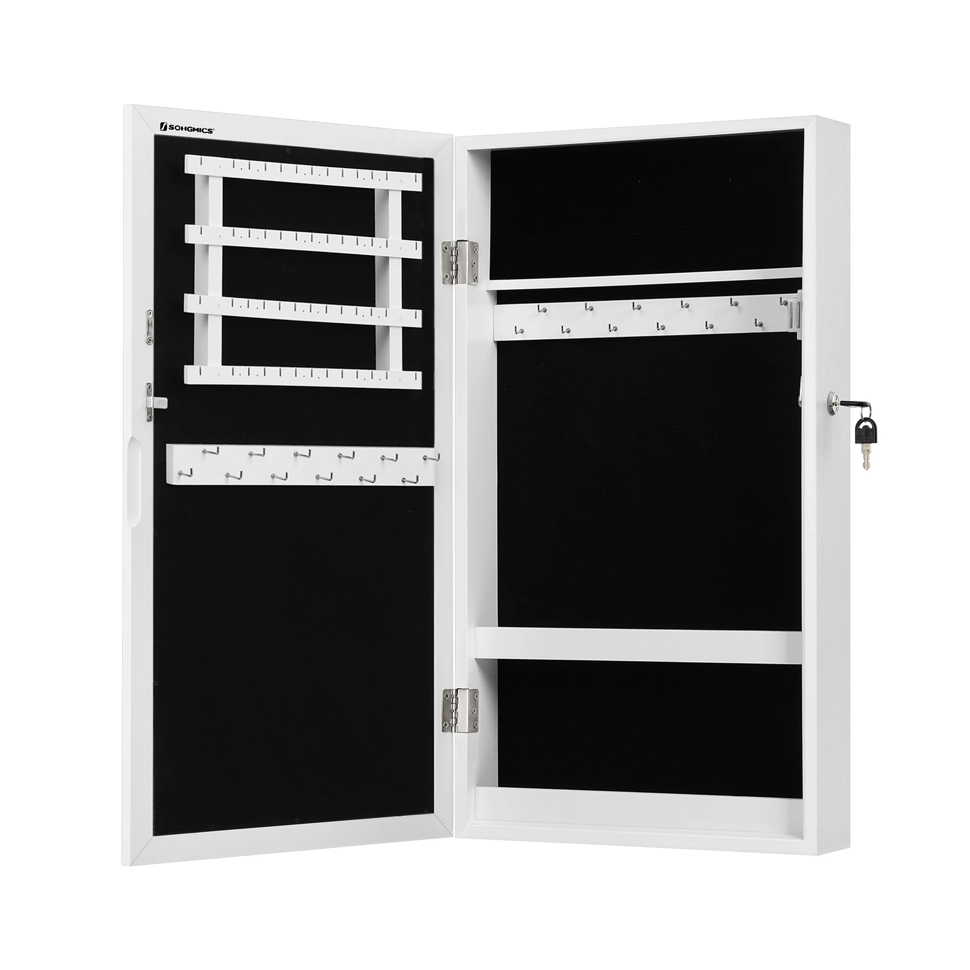 SONGMICS Armario Joyero de Pared, Armario de Joyas con Espejo, Organizador de Joyas para Ahorrar Espacio, Superficie Blanca y Forro Greige/Negro/Superficie Marrón Rústico y Forro Negro