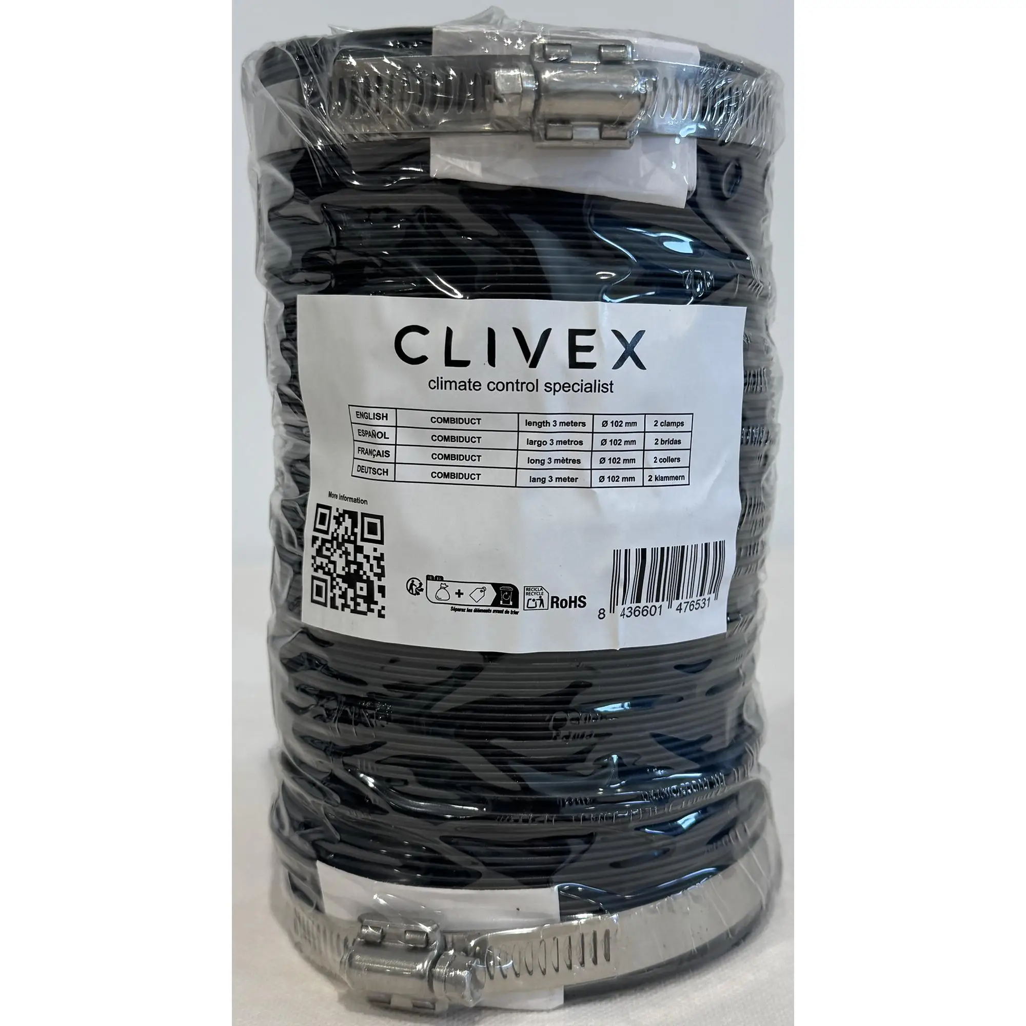 Clivex Combiduct 102mm (3m) Tubo de aluminio y PVC Flexible con abrazaderas incluidas, reduce el sonido de un extracción o intracción de aire