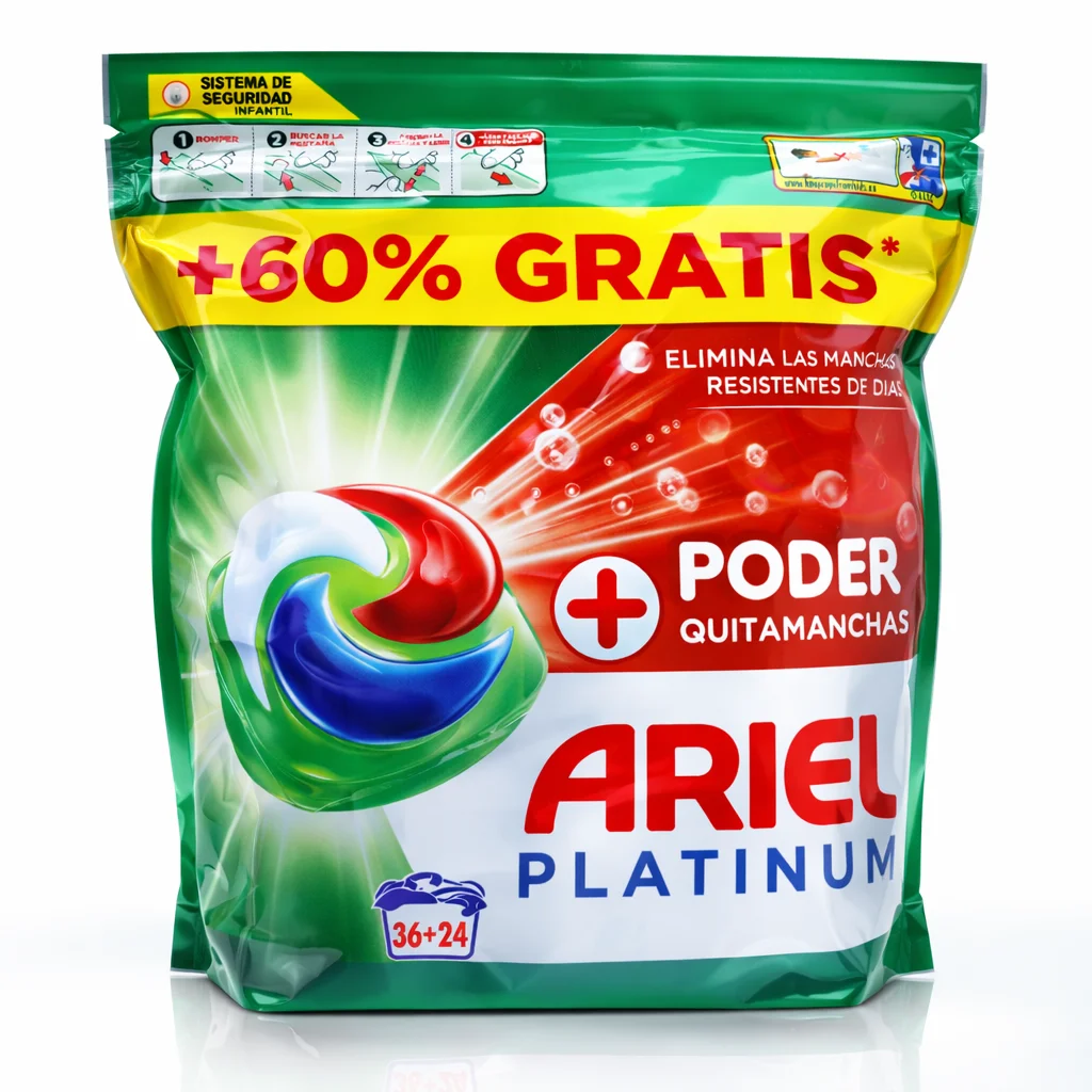 Ariel Platinum Cápsulas Detergente Lavadora + Poder Quitamanchas – Pack 60 Lavados (36+24 Gratis) | Limpieza Profunda y Eliminación de Manchas Difíciles
