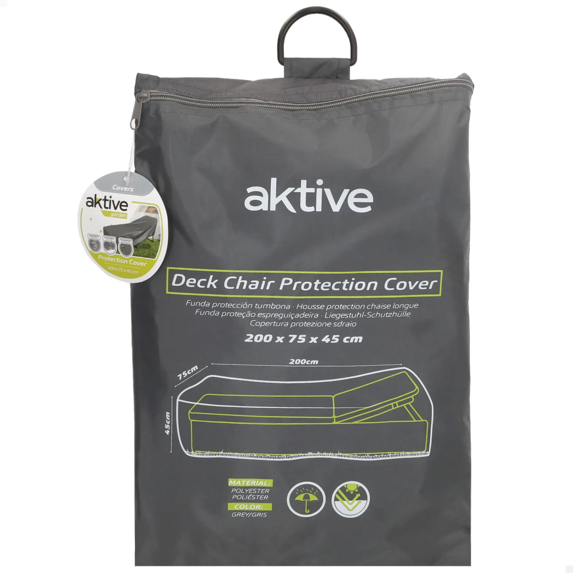 Aktive - Funda protectora tumbona jardín 200x75x45 cm, rectangular impermeable, gris, poliéster, protección lluvia y polvo, cierre ajustable, con bolsa de transporte, para exterior, interior