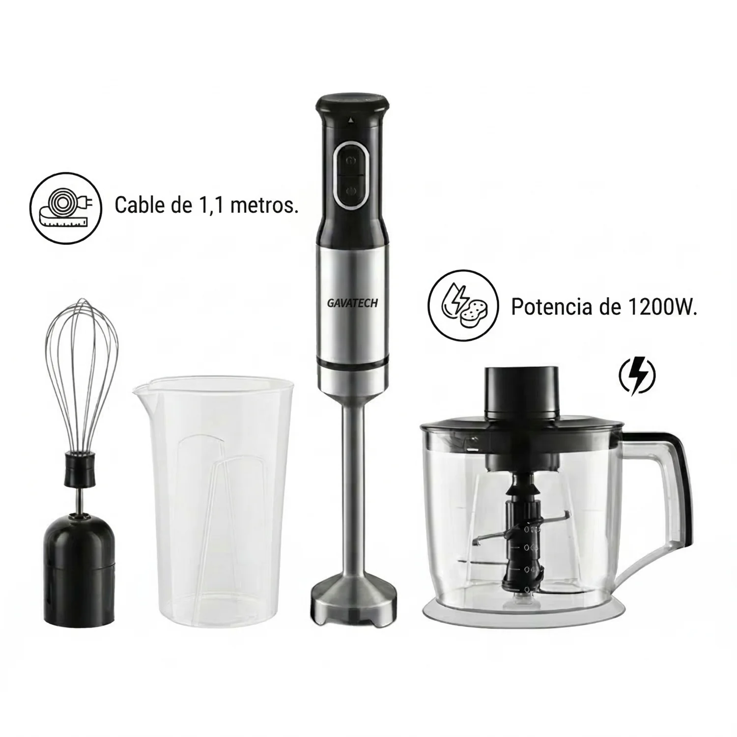 GAVATECH Batidora de Mano 1200W – Kit 3 en 1 con Picadora de 800ml, Varilla Batidora y 4 Cuchillas de Titanio. Cable 1.1m
