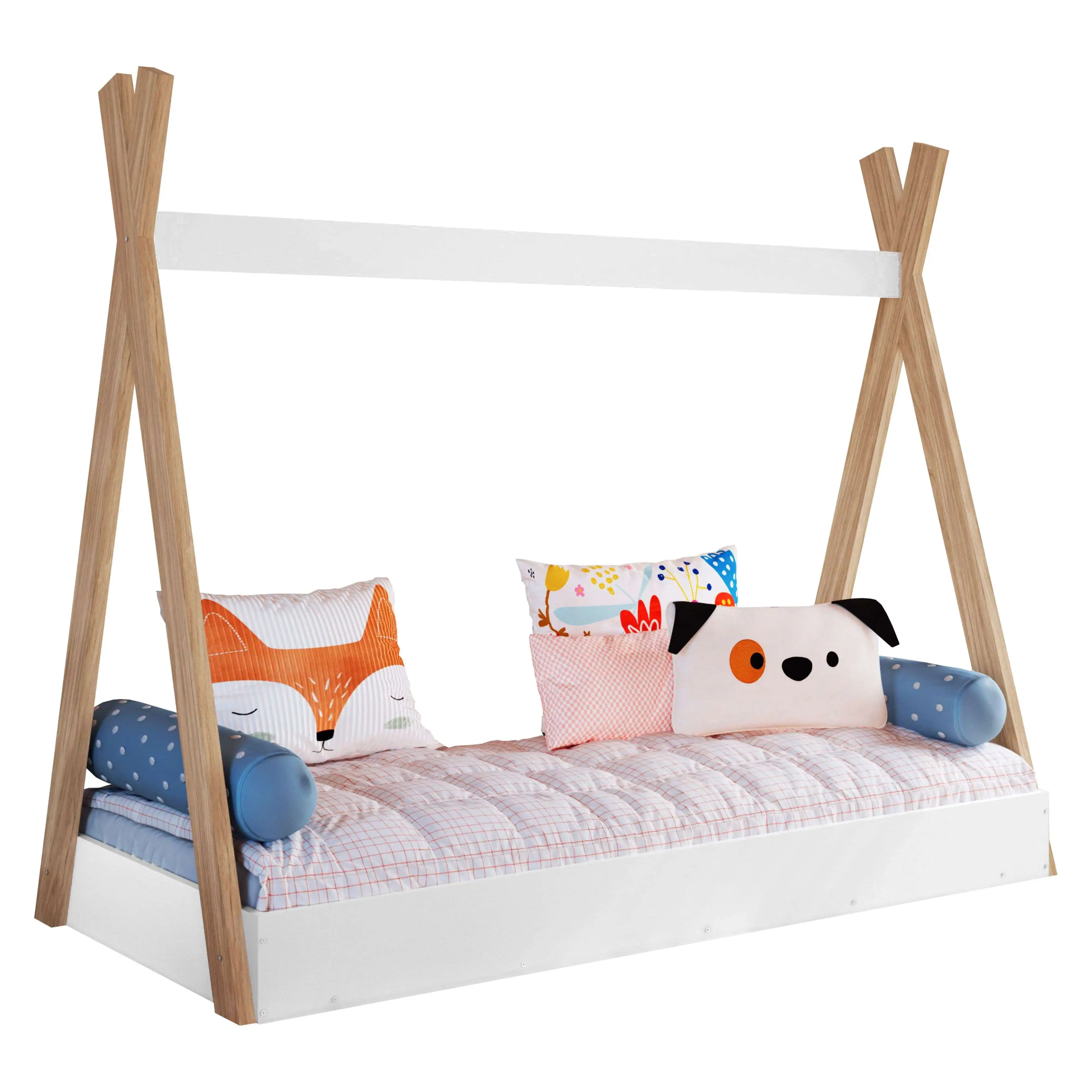 Miroytengo Cama Tipi Infantil Montessori, Cama Para Niños con Láminas de Somier, Melamina Blanco Mate y Roble 80x190 cm