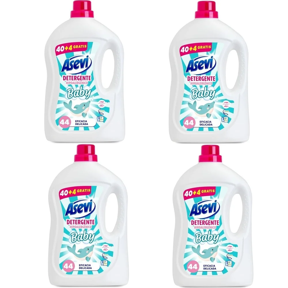 Asevi Detergente Baby 44 Dosis, Pack 4x44 Total 176 Lavados, Cuidado y Suavidad, Detergente Lavadora, Limpieza Eficaz y Delicada A Todo Tipo De Prendas Adultos, Bebés y Niños