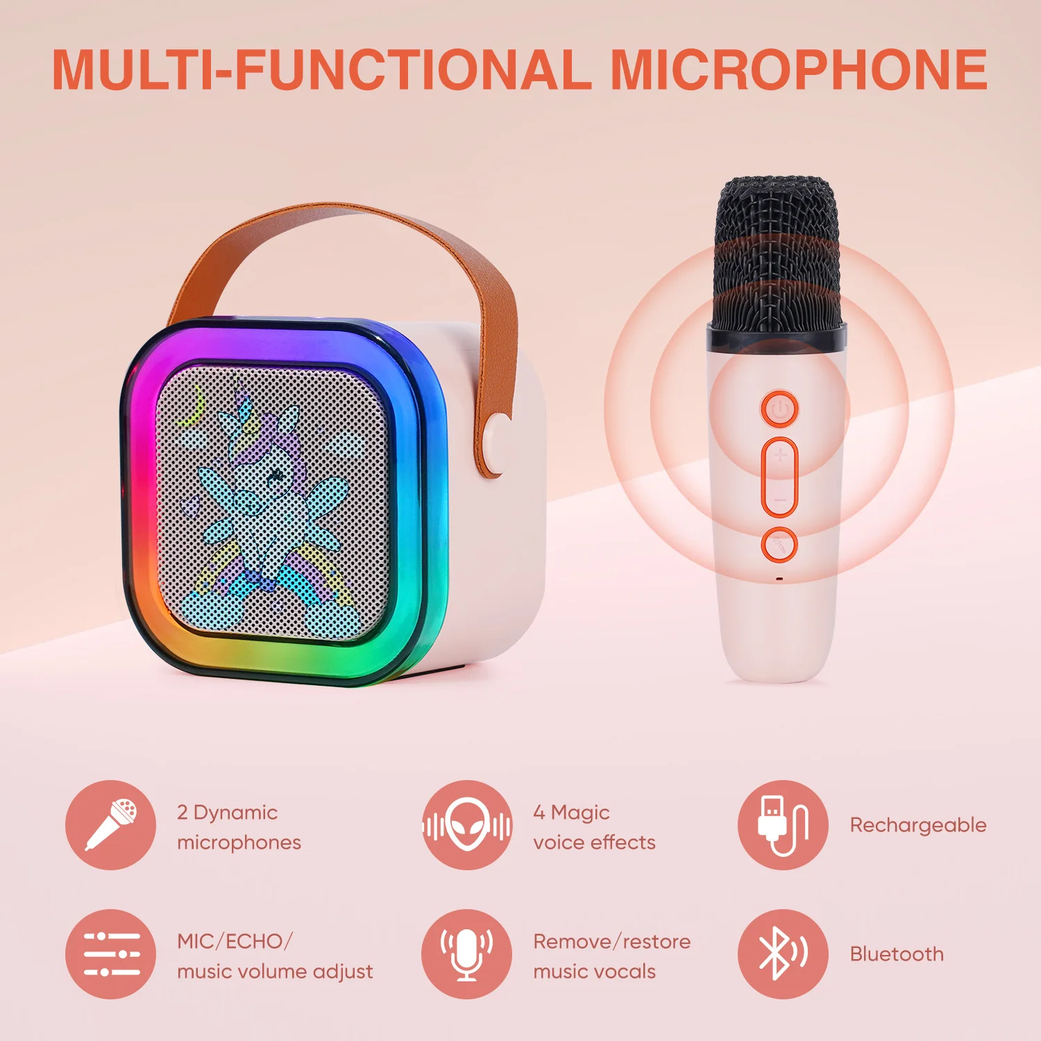 DYNASONIC A29. Karaoke with two microphones. Bluetooth Karaoke speaker for children. Children's electronic toy. Gifts for children from 3 to 15 years old. Voice effects