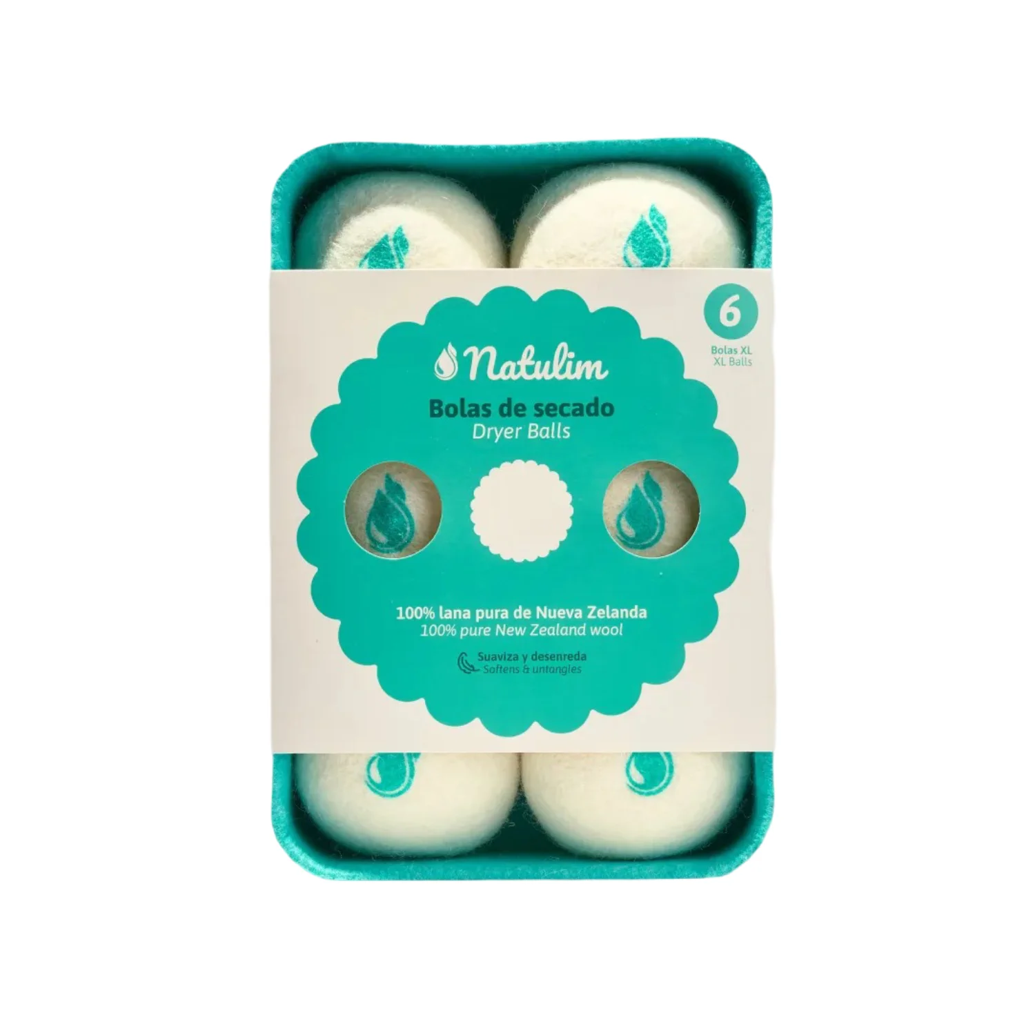 Natulim Bolas de Lana para Secadora 6 Pack XL - Suavizante de tela natural, reutilizable, reduce las arrugas de la ropa y ahorra tiempo de secado - Solución ecológica, libre de plástico, libre de crueldad.