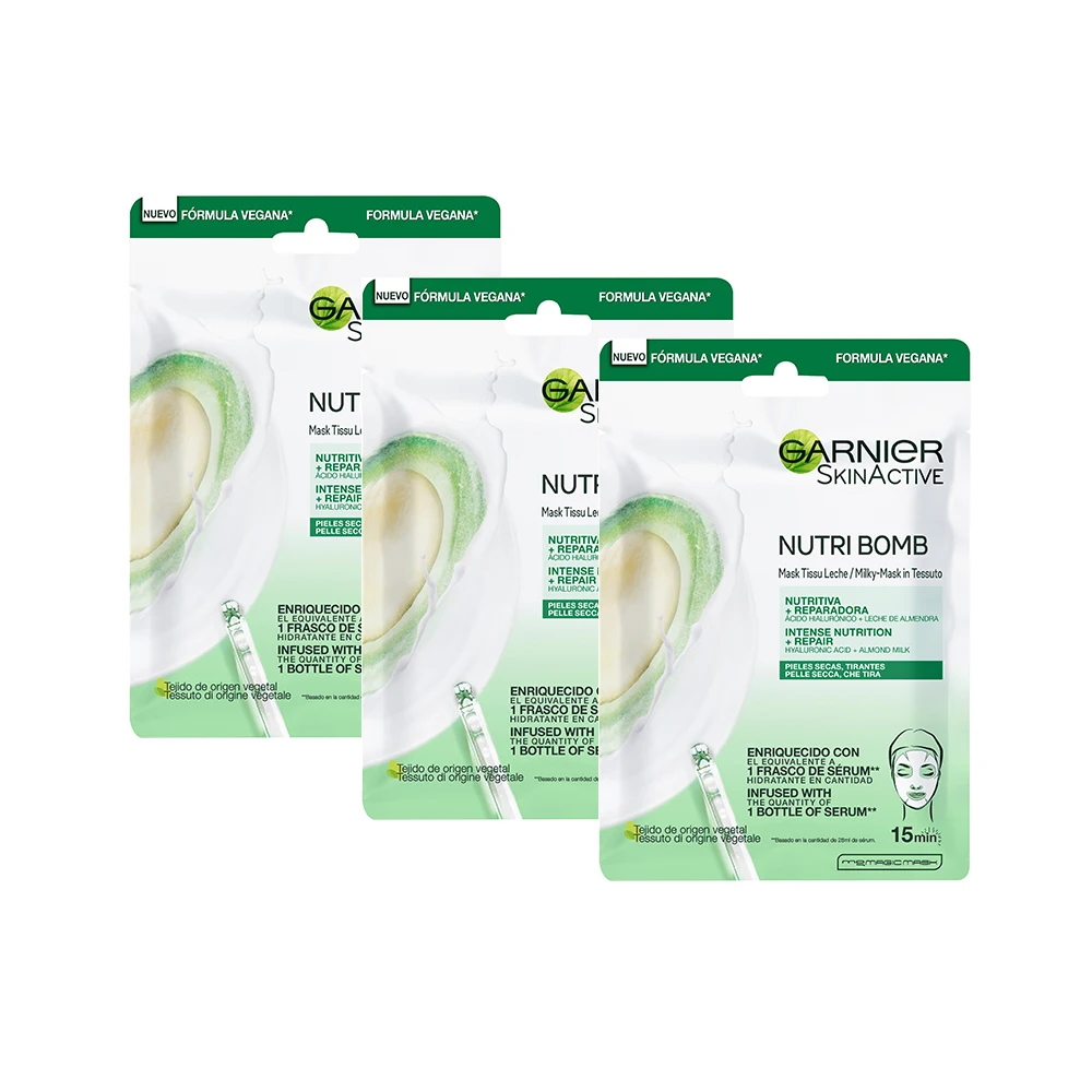 Garnier Skin Active Nutri Bomb Milky Mask Tissu Reparadora – Mascarilla de tejido con leche de almendra ecológica y ácido hialurónico para pieles secas y tirantes