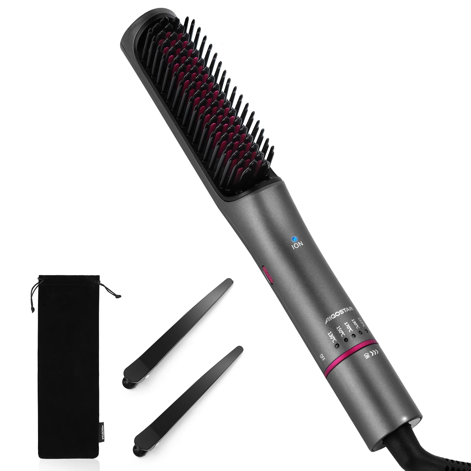 AIGOSTAR Cepillo Alisador Pelo Iónico con 5 Ajustes de Calor, Luz Infrarroja, 130℃-210℃, Calentamiento Cerámico, Anti Escaldaduras.