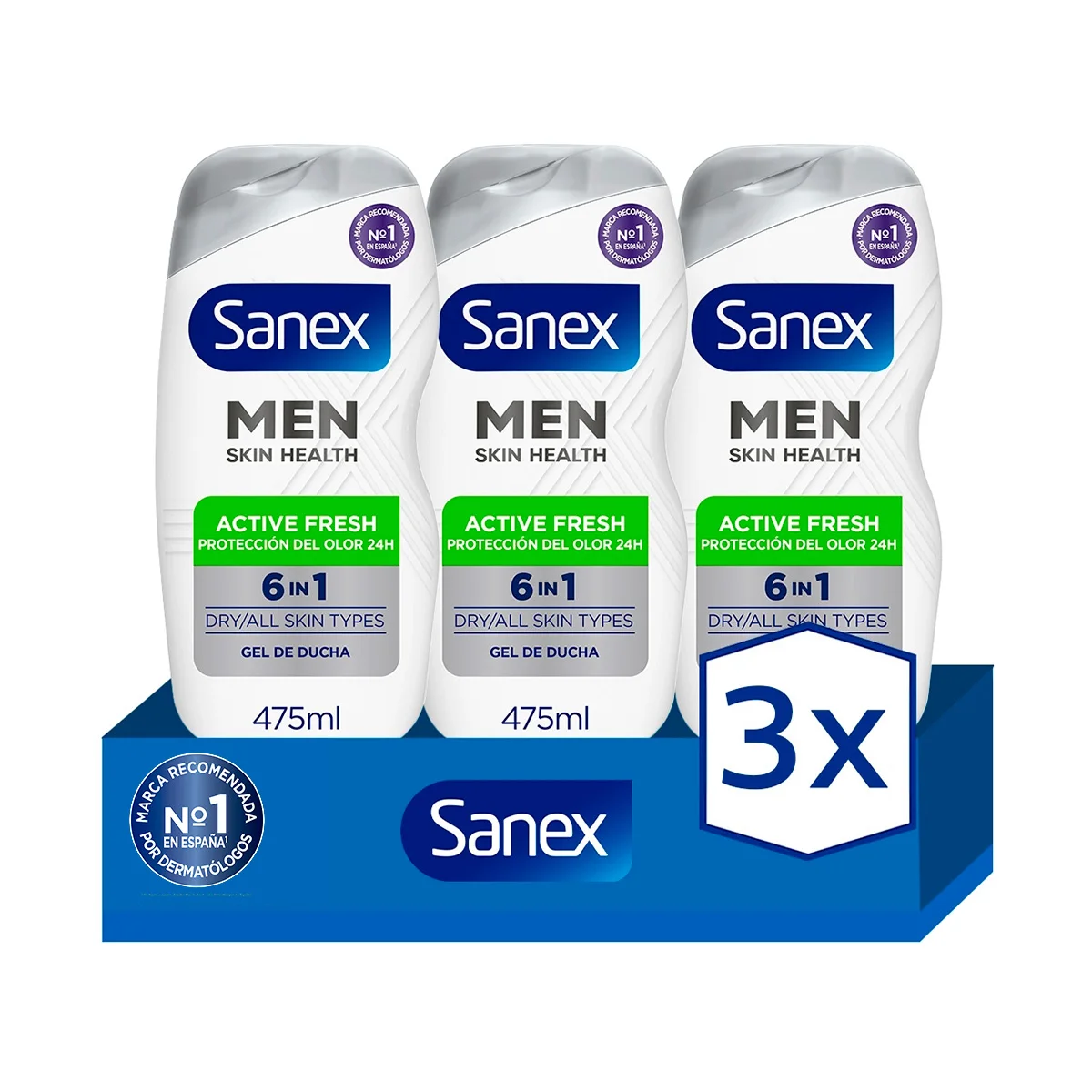 Gel de ducha o baño para hombre Sanex Active Protect 3in1 cuerpo, cara y cabello 475ml. Pack 3