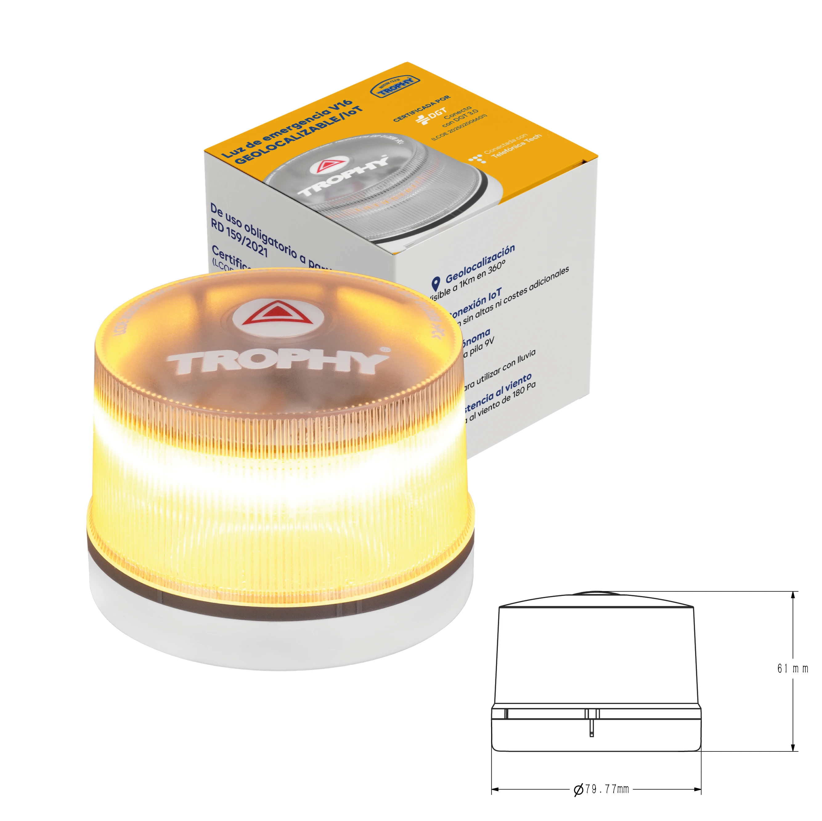Trophy - V16 baliza de emergencia, IoT Luz de Emergencia V16 con Geolocalización, Exigible a Partir de 2026, Baliza Conectada con DGT 3.0, Señal V-16 