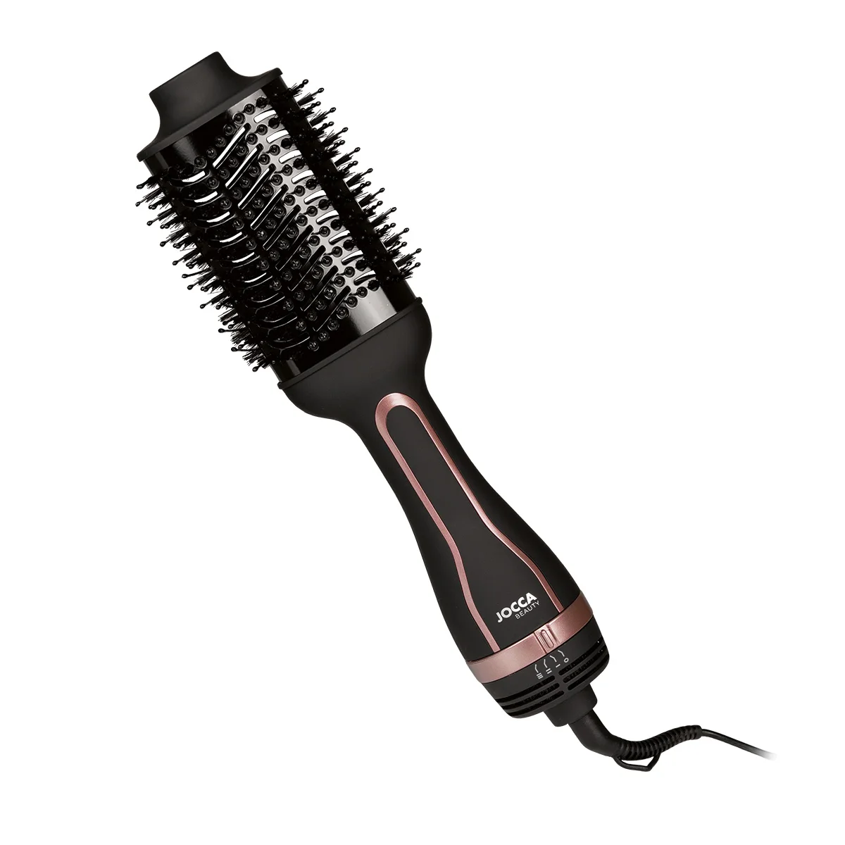 Cepillo secador Jocca con diseño ovalado, tubo de revestimiento de cerámica, tres intensidades de calor, cable giratorio de 360º y mango ergonómico para secar, moldear, rizar, planchar y/o dar