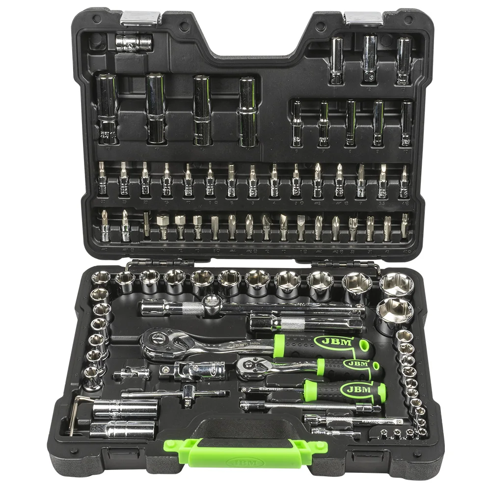 JBM tool case 94 PCs exagonal glass Chrome cabbage 1/2/1/4 Keys including metric cups, spark plug cups, extension bars, heads for Tip Screwdriver.