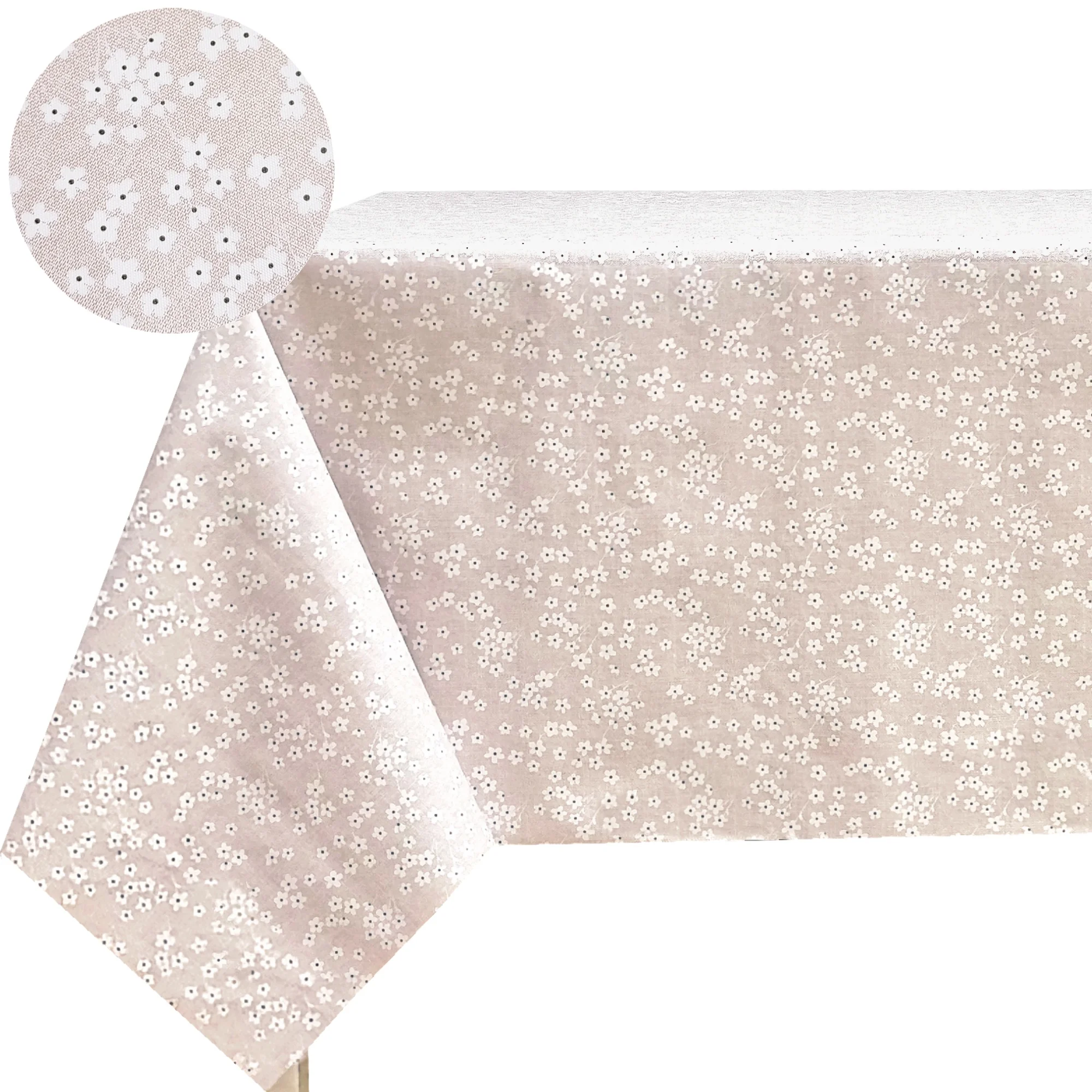 Mantel hule PVC rectangular, impermeable, lavable y fácil de limpiar, con flores blancas, color beige, ideal para cocina, comedor, salón, balcón y picnic