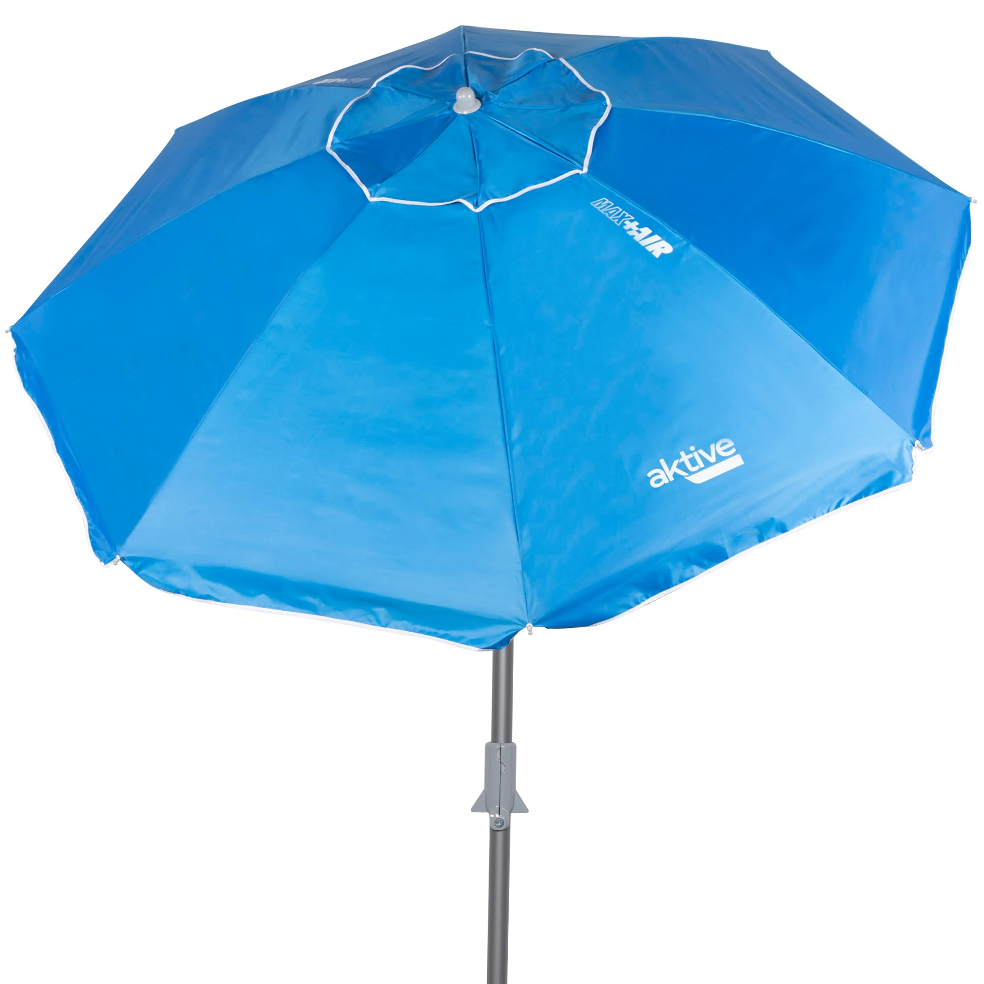 Aktive - Sombrilla playa antiviento 200 cm o 220 cm, Max Air, azul, forma octogonal, poliéster con protección UV50 y revestimiento plateado, 8 varillas fibra de vidrio, mástil inclinable Ø28/32 mm,