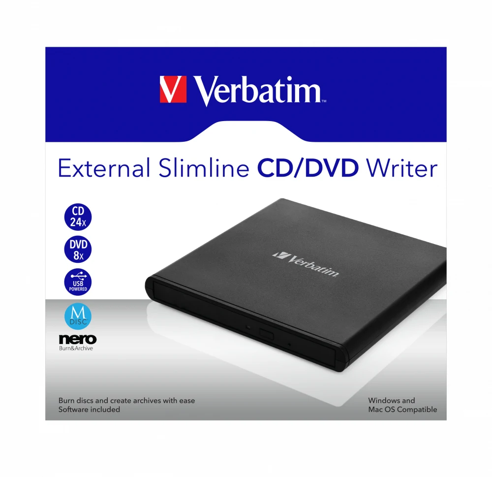 Verbatim External Slimline CD/DVD Writer - DVD ± RW Black
