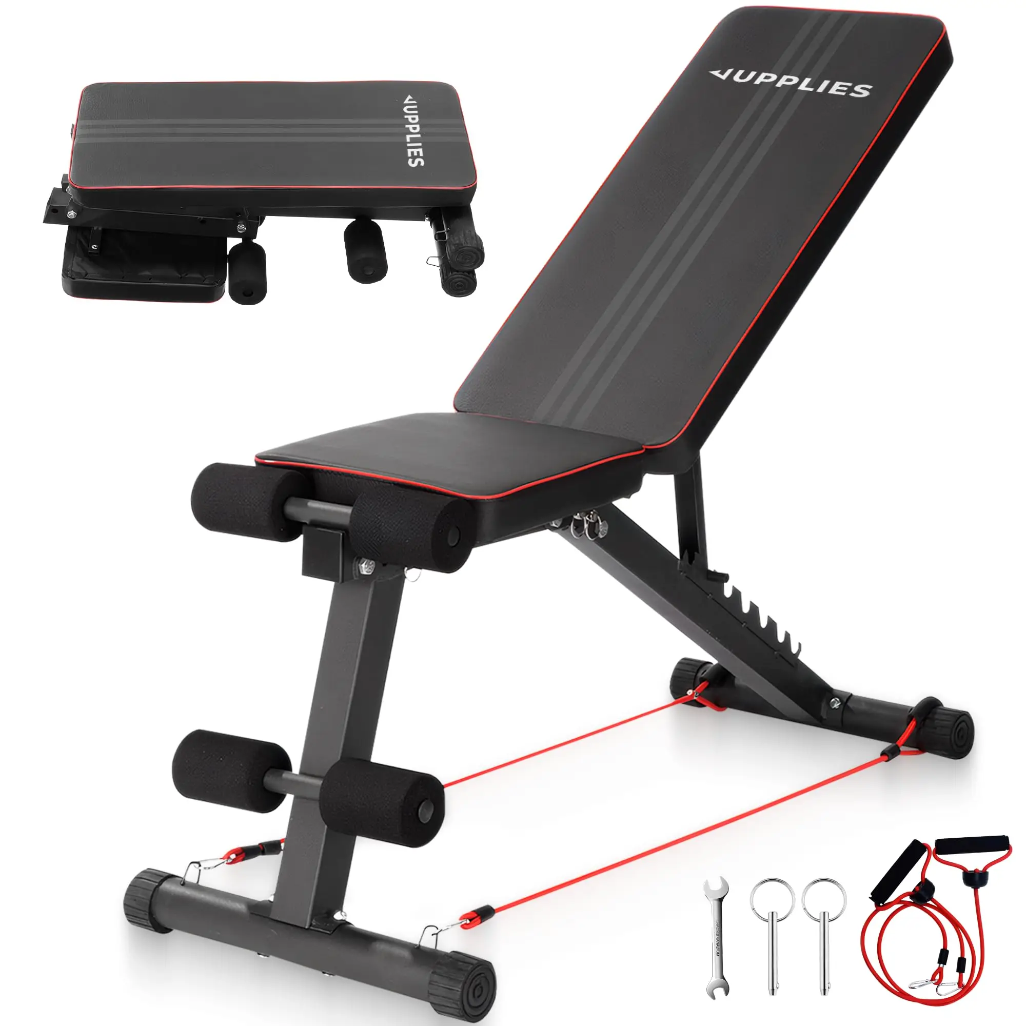 JUPPLIES Banco de Musculación Plegable con 7 Niveles y 2 Bandas de Resistencia – Soporta 250 kg con Respaldo ajustable