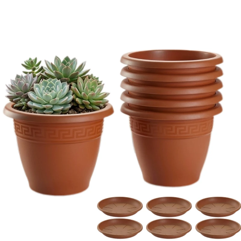 Set de 6 Macetas de Plástico con 6 Platos (14cm, 16cm,18cm, 20cm, 25cm, 30cm, 35cm o 40cm) Diseño elegante para Interiores y Exteriores, Patio y Decoración, Ideal para Verduras y Flores ,Maceteros de