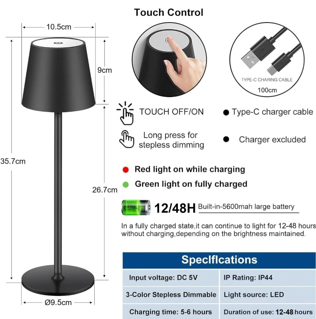 LED Wireless Dimmable Table Lamp, Rechargeable Battery Table Lamp with Touch Control, IP44 Waterproof Outdoor Desk Lamp with USB-C for Terraces, Restaurant, Black