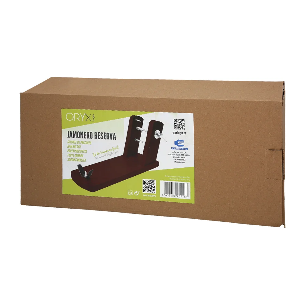 Ham Holder Reserva - Wooden base with iron support, measures 46.5x18.5x25 cm, made of pine wood and steel, perfect for gourmet slicing and serving ham in your kitchen.