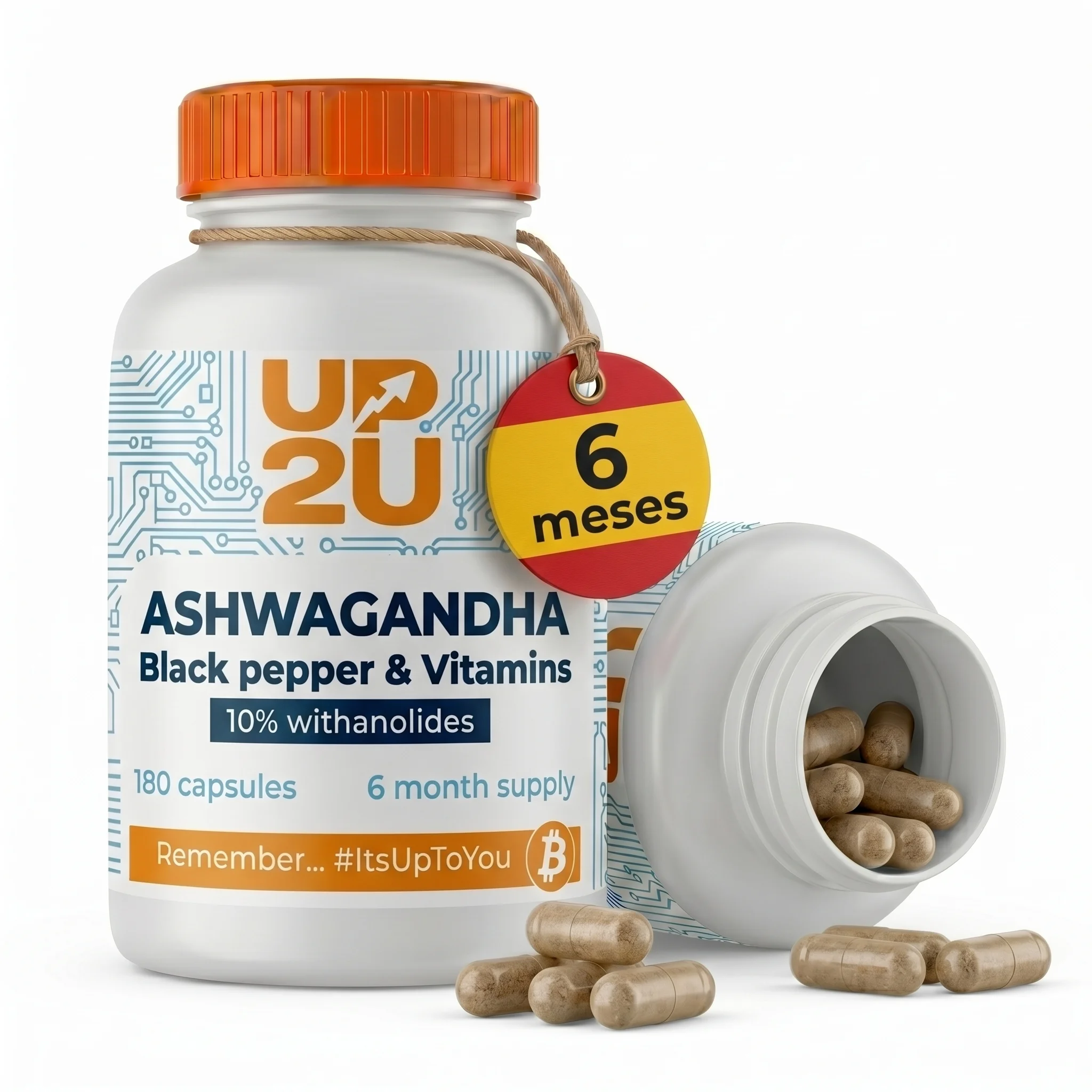 Ashwagandha con Pimienta Negra y Vitaminas B, 600 mg 10% Withanólidos, UP2U Nutrition, 180 Cápsulas, Suministro para 6 Meses