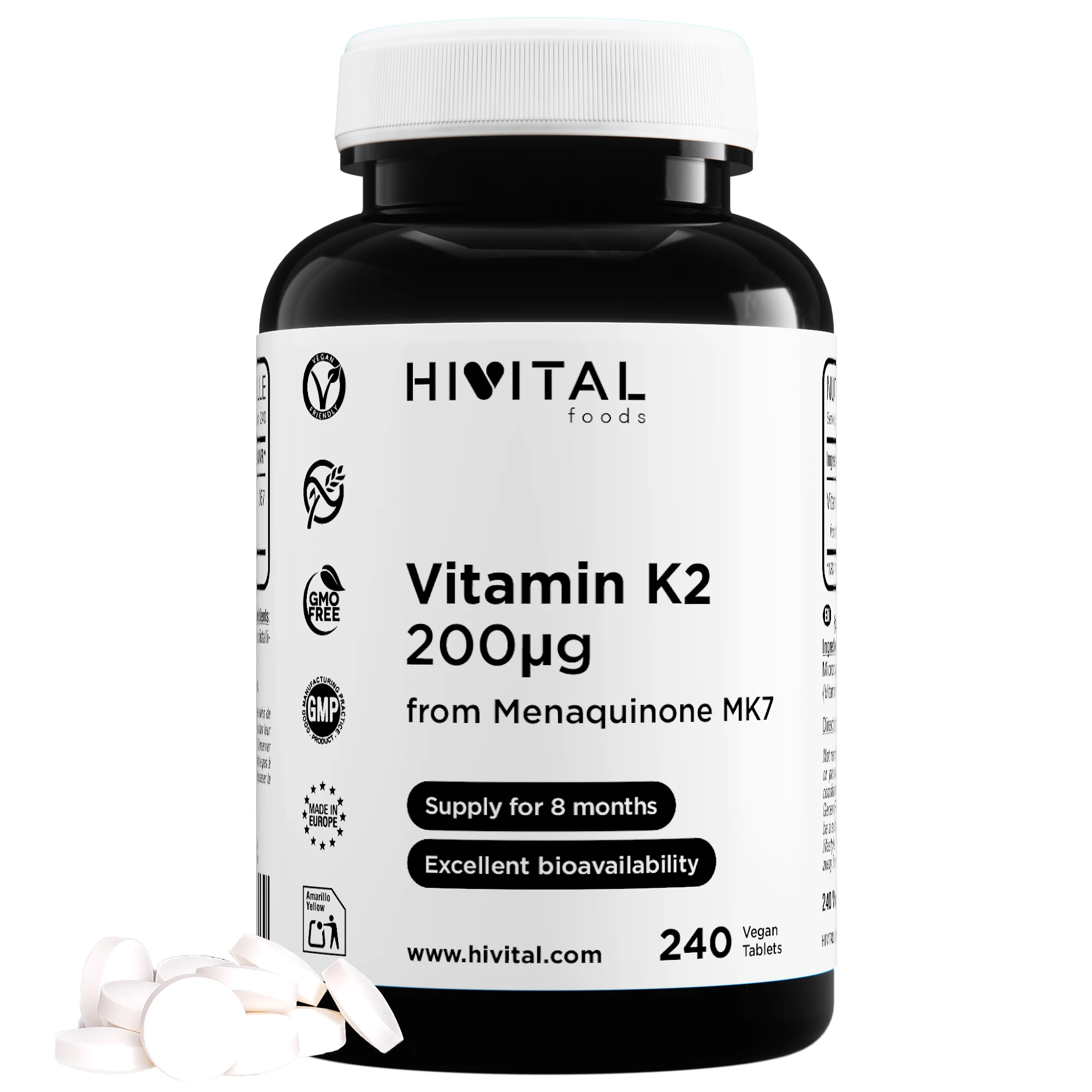 Vitamina K2 MK7 200 mcg | 240 comprimidos veganos. Hivital
