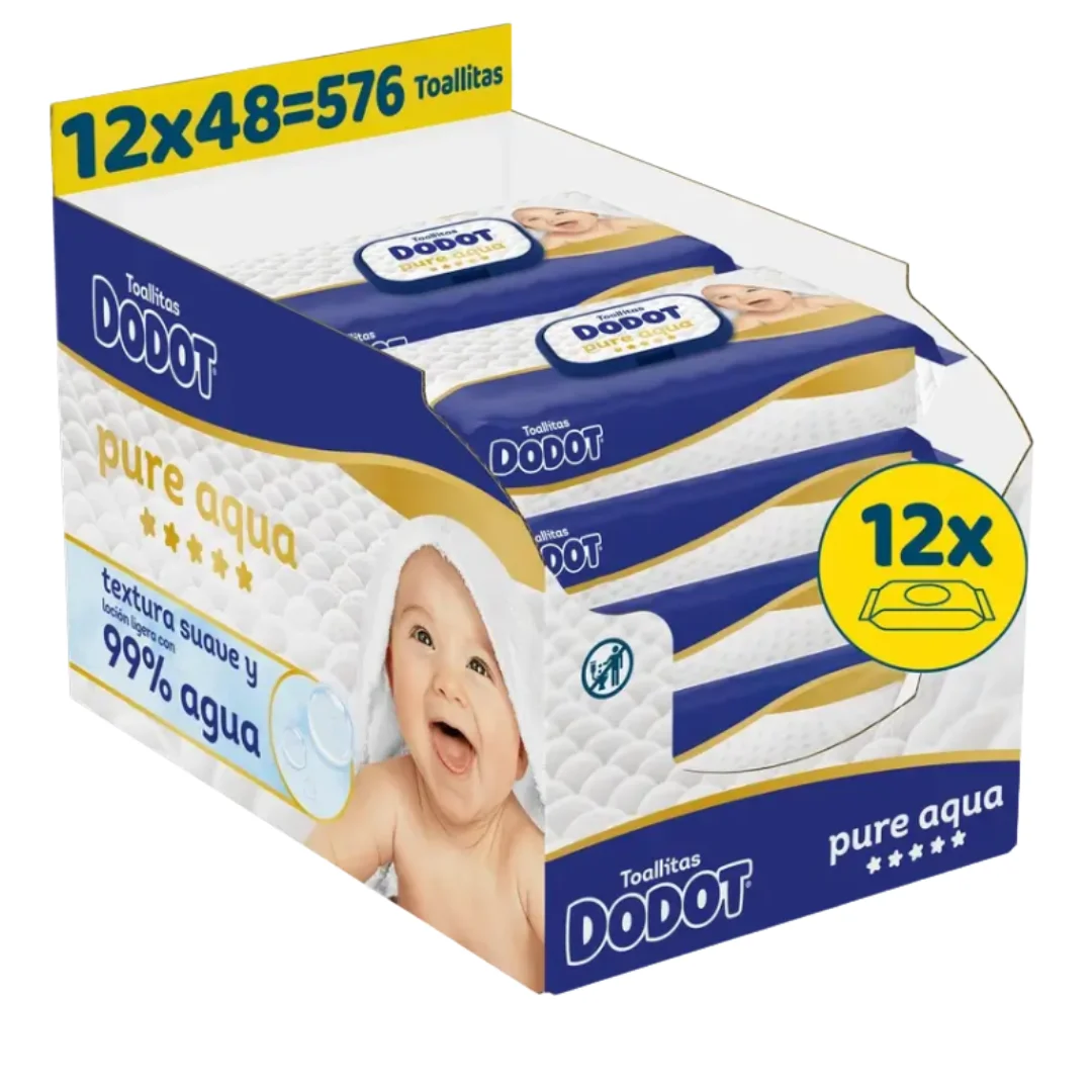 Toallitas Húmedas Dodot Aqua Pure para Bebé - 99% Agua, Sin Fragancia, 576 Unidades (12 Paquetes de 48)