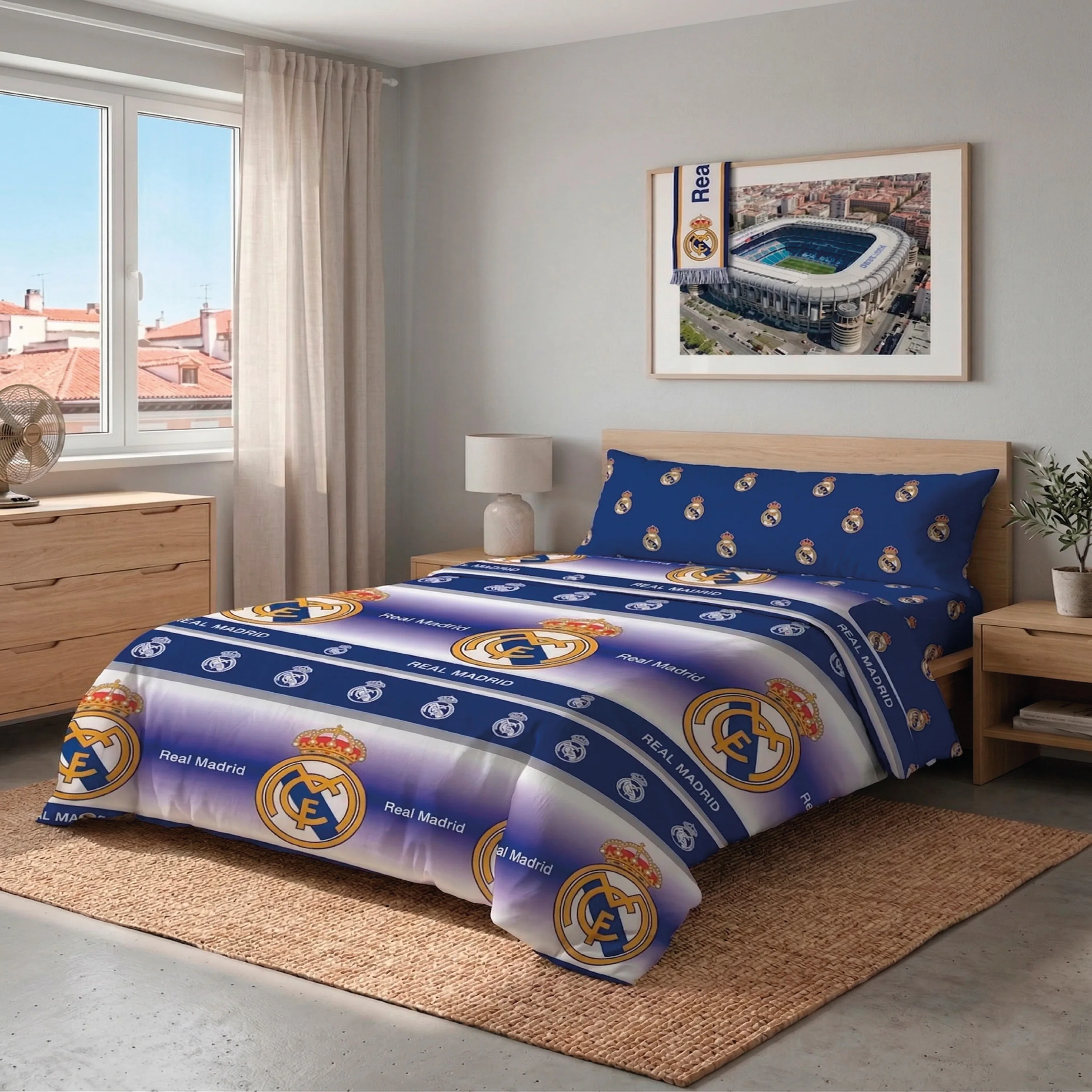 Real Madrid CF - Juego de Sábanas Verano 3 Piezas 100% Microfibra Oficial Real Madrid CF 2026 Modelo 2 Azul Blanco – Suave, Resistente y Diseño Exclusivo, Escudo