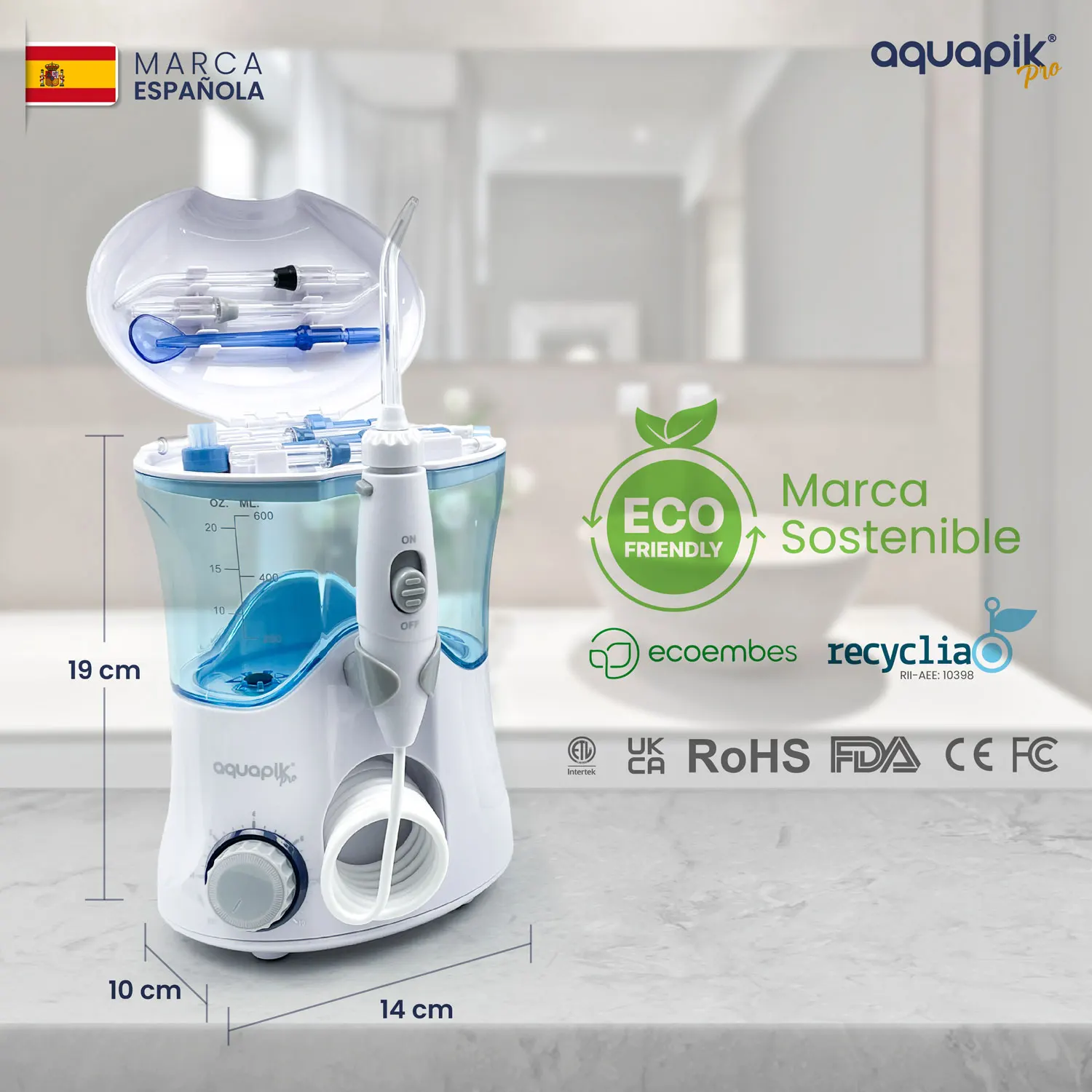 Aquapik Pro. Professional Dental irrigator 8 nozzles 600 Ml tank travel