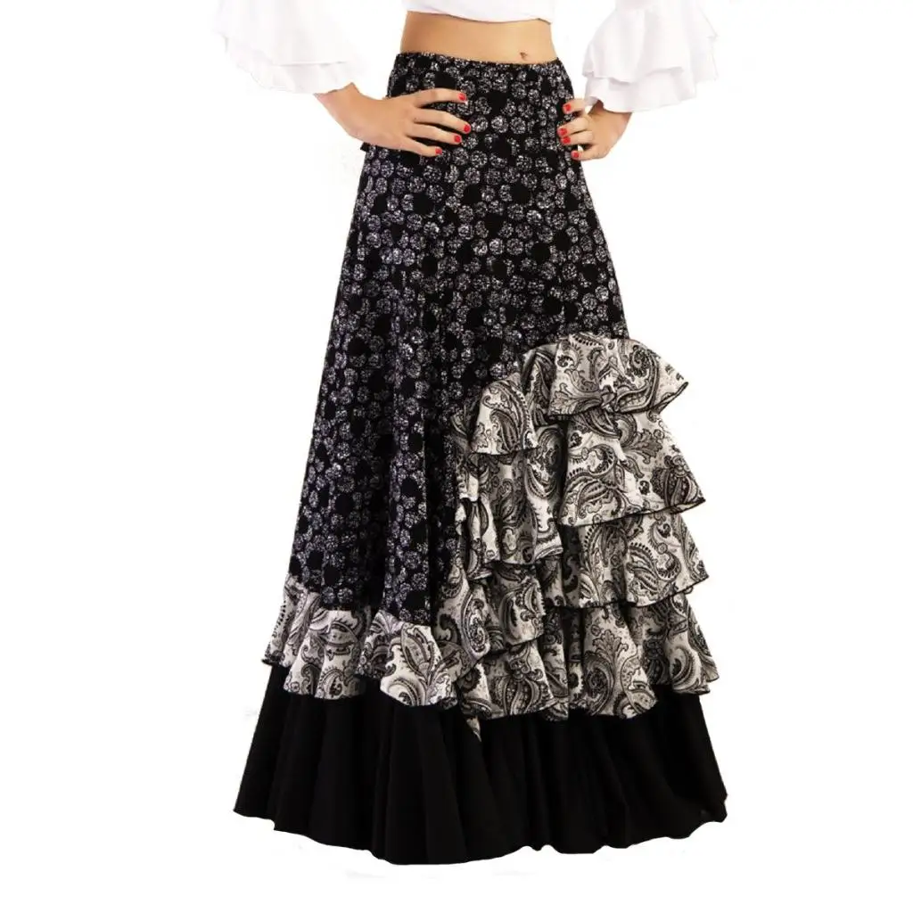 Women Flare Side Ruffles Cashmere Print and Medium Polka Dot Flemish Skirt