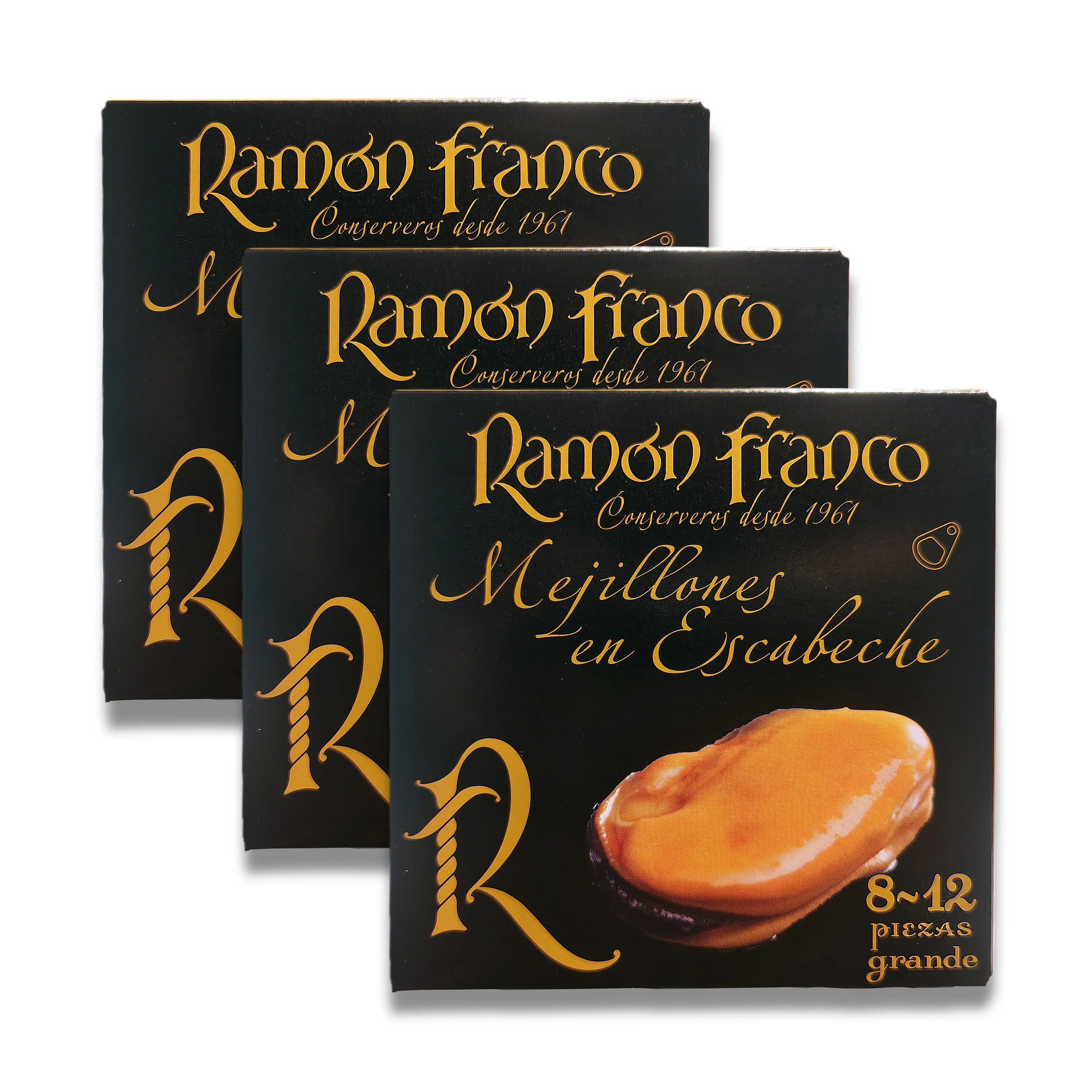 Mejillones en escabeche 8/12 piezas grandes de Ramón Franco (Pack de 3 unidades de 115gr)