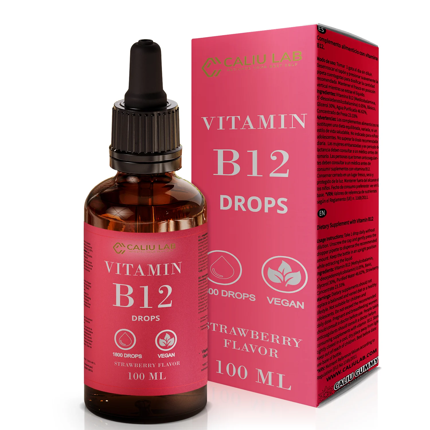 Gotas líquidas de vitamina B12 - 100 ml - Alta dosis con 500 mcg por gota de metilcobalamina y adenosilcobalamina - Apto para veganos y vegetarianos - Fórmula sublingual para una máxima