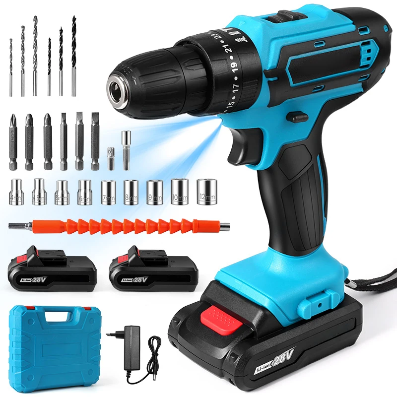 28V electric impact drilling electric drill hammer screwdriver Mini cordless manual drilling lithium ion battery power tools