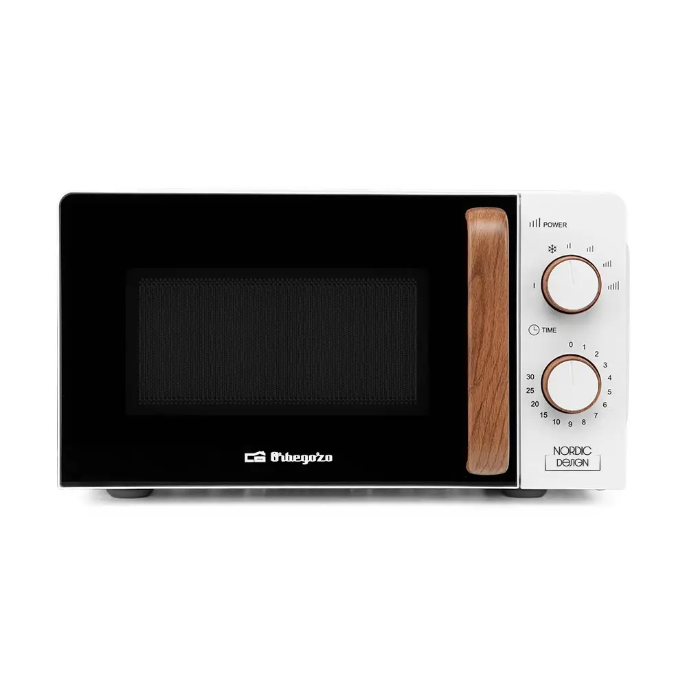 Orbegozo MI 2122 Microwave Oven with 20 liters capacity, black and wood design, 6 power levels, 700 W, defrost function, and timer control for efficient cooking and meal preparation.