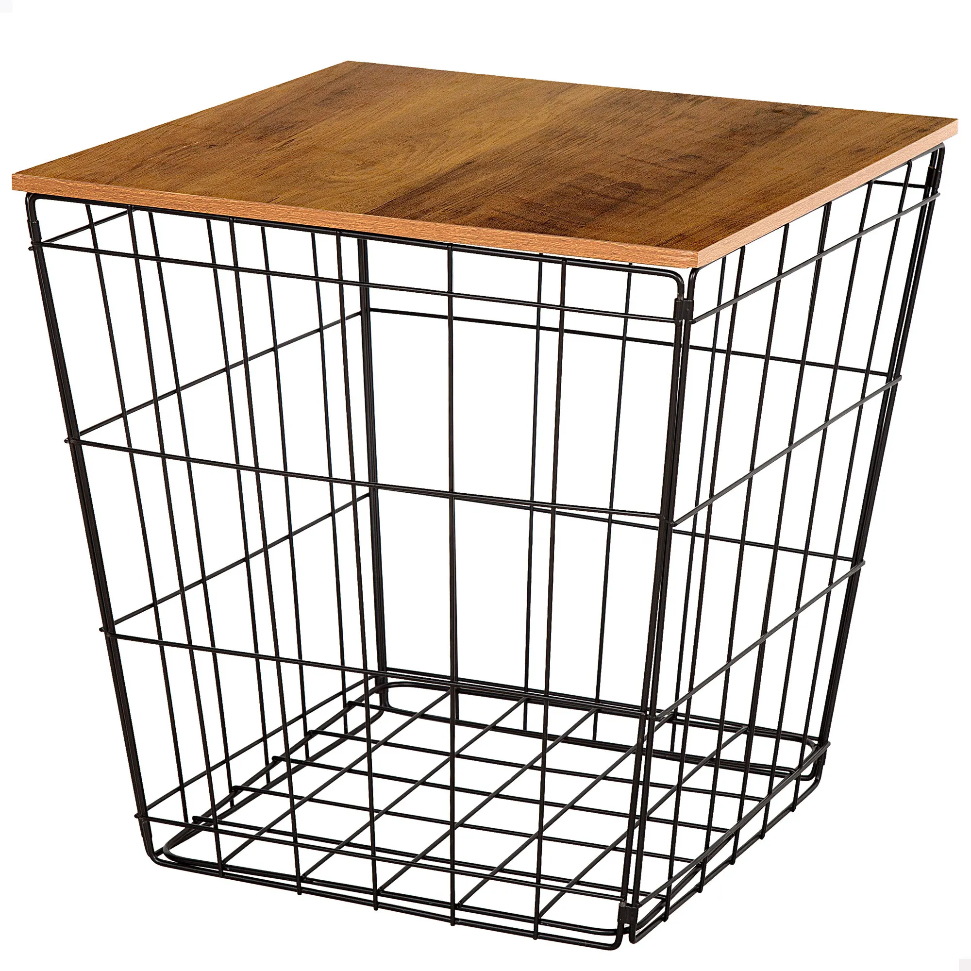 Max Home - Mesa auxiliar cuadrada, tapa efecto madera, almacenaje, estructura metálica negra, líneas geométricas, estilo industrial, decoración, para salón, dormitorio, baño