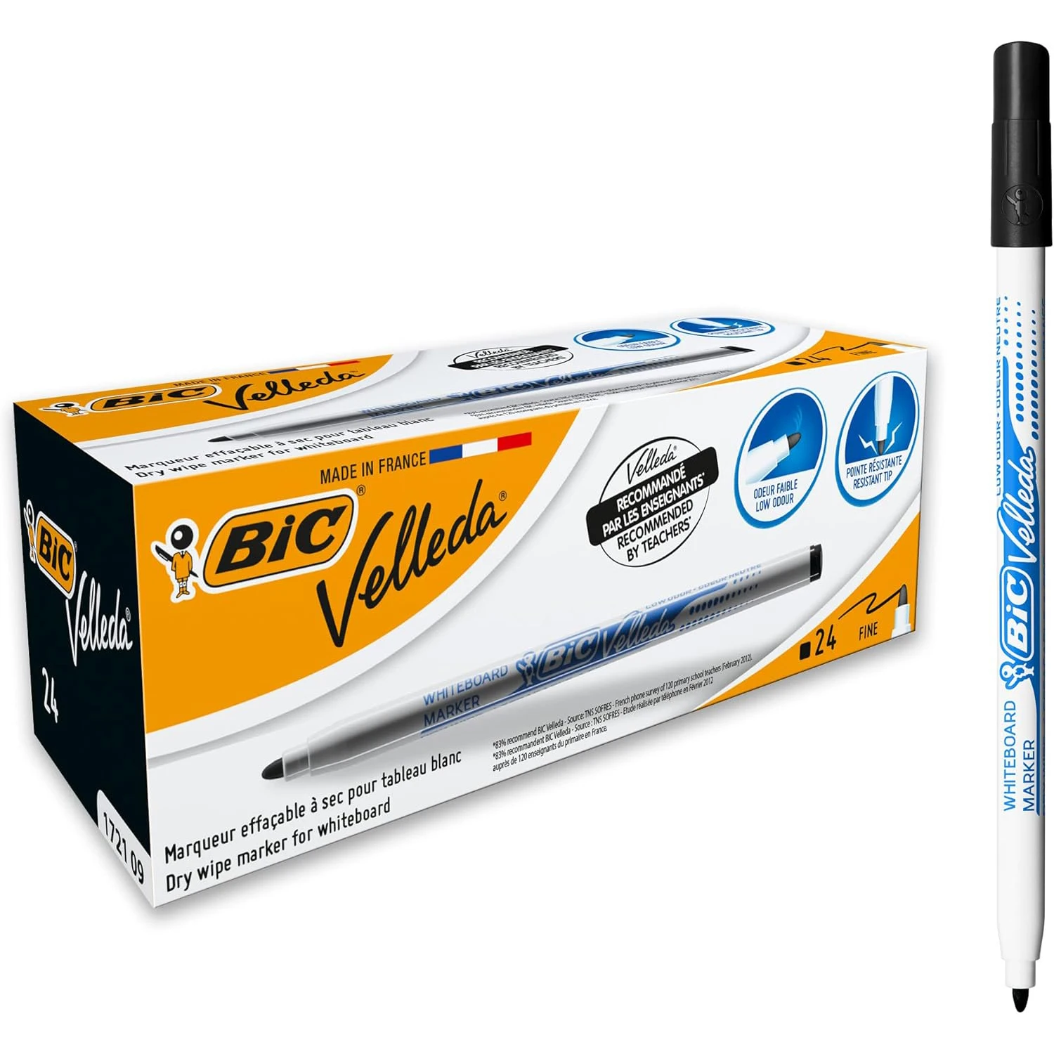 Bic velleda 1721 black fine tip whiteboard marker (box of 24 units)