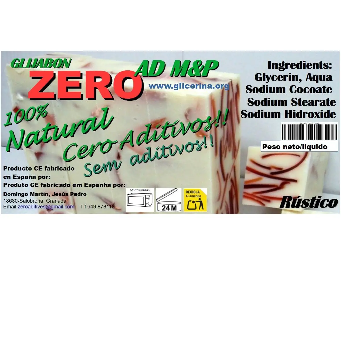 Jabón base de glicerina Rústico 100% Natural Zero Aditivos alto coco fabricado íntegramente en España 1kg / 4kg / 8kg