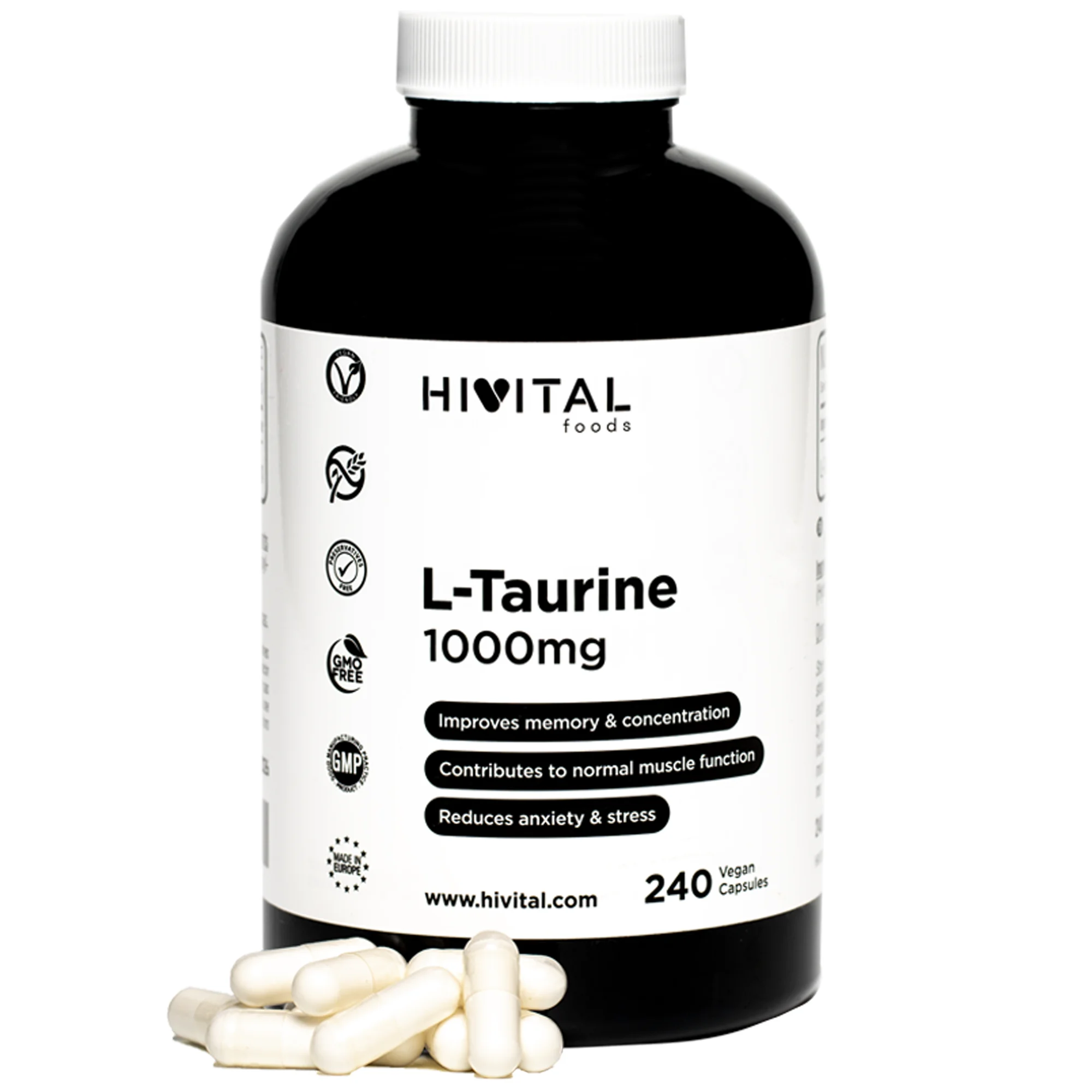 L-Taurina 1000 mg. 240 cápsulas veganas para 4 meses. Aminoácido Taurina para mejorar la memoria y la concentración, combatir el estrés y la ansiedad e incrementar la fuerza y la resistencia. Hivital