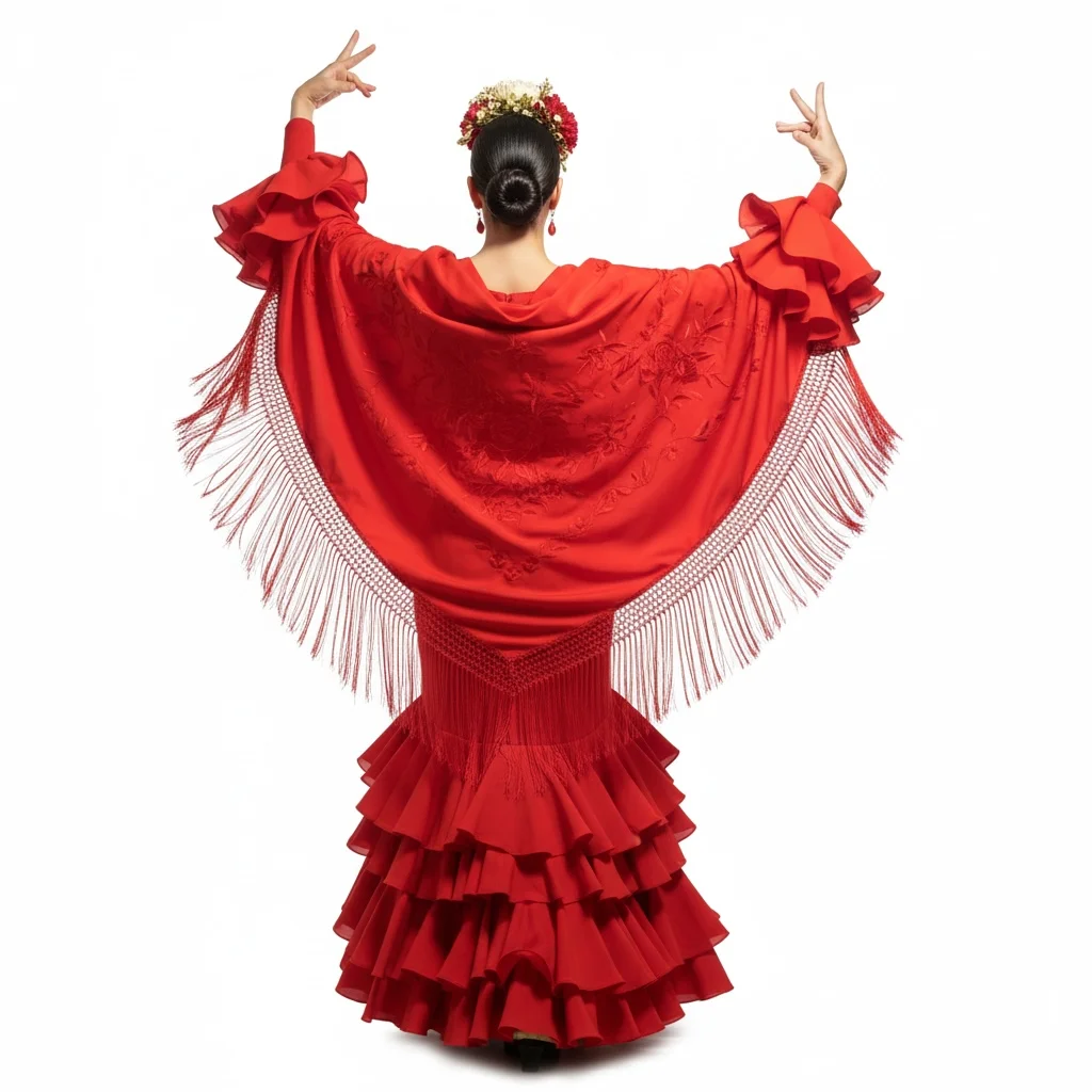 Manton de flamenco grande de color rojo con los bordados de flor mismo tono de mantón