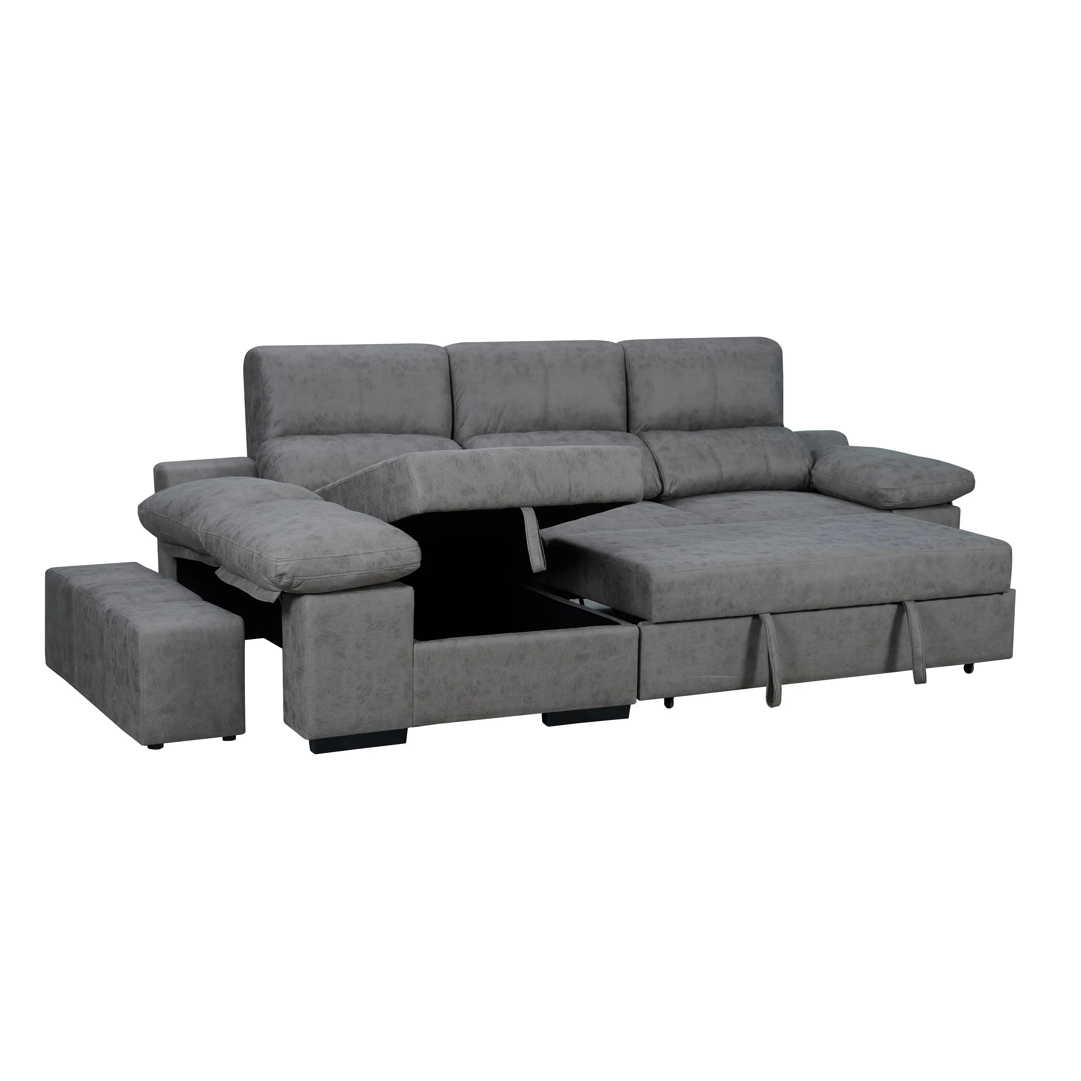 Chaiselongue cama modelo Huesca con arcón abatible ancho de 290cm. Cama extraíble. Puffs en el brazo. Tela de microfibra en colores cemento y piedra.