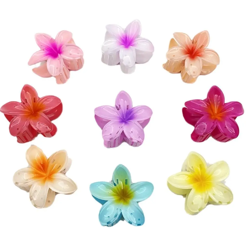 Pack 9 Pinzas para el Pelo con Flores de 8 cm – Ganchos de Pelo Mujer Estilo Hawaiano – Accesorios Coloridos Antideslizantes para Cabello Grueso o Fino – Flores Tropicales para Playa, Fiesta y Verano