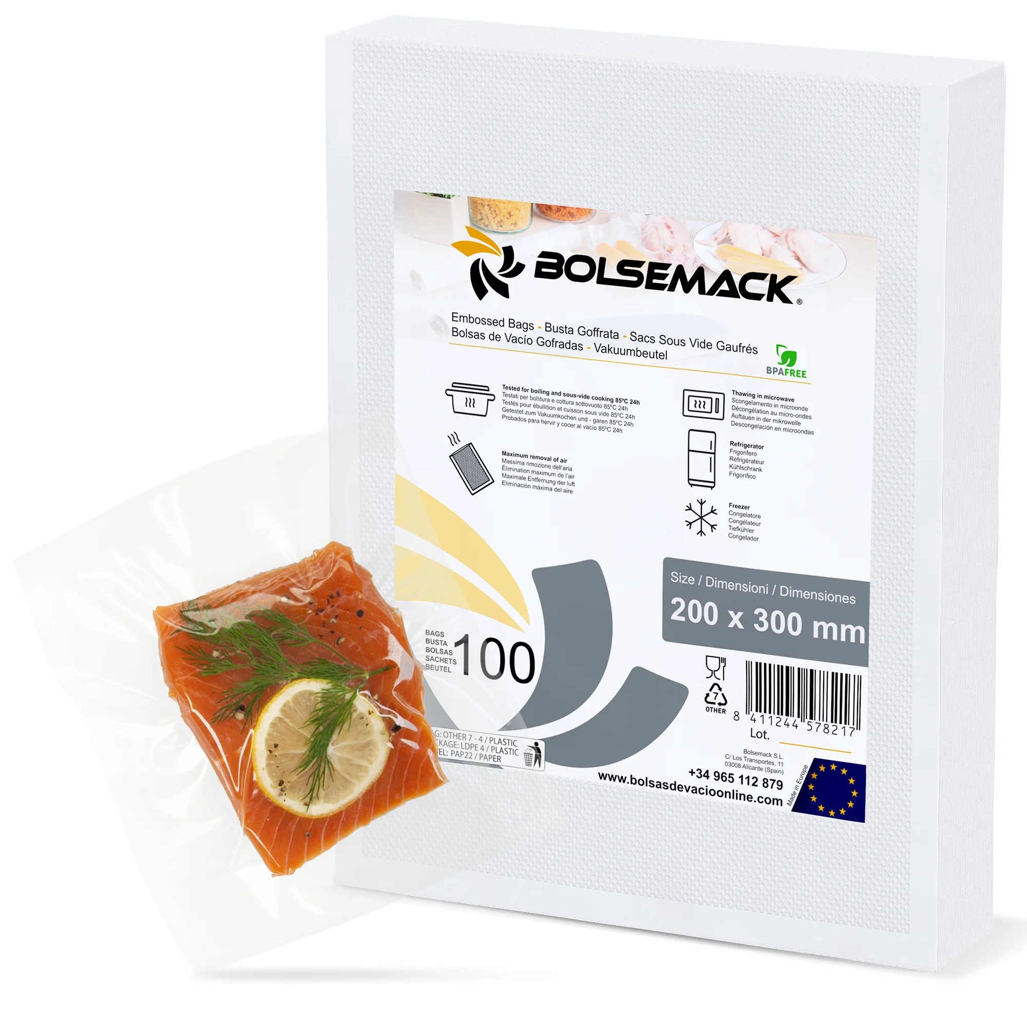 Bolsemack Bolsa para Envasado Al Vacío Alimentaria 200x300 Mm Gofrada (100 Unidades) Compatible con Todas las Envasadoras Domésticas  Libre de Bisphenol y Ftalatos
