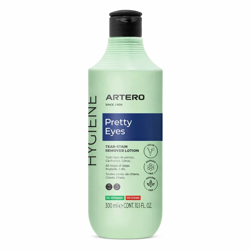 Artero - Pretty Eyes Limpiador ocular y zona lagrimal para perros y gatos, 300 ml, solución 100 % natural con extractos de romero, tomillo y manzanilla que regula el pH y elimina bacterias causantes de manchas marrones en los ojos