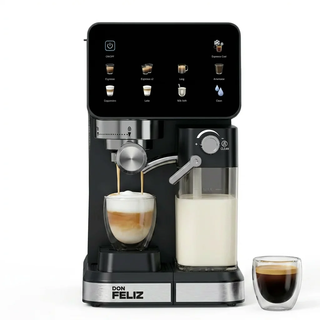 DON FELIZ Cafetera Espresso Semiautomática 20 Bar 1350W con Pantalla LCD, Depósito de Leche 500ml, Compatible Nespresso, Café Frío y Caliente, Freddo Espresso, Cappuccino, Americano, Depósito Agua 1.5L, Autolimpieza