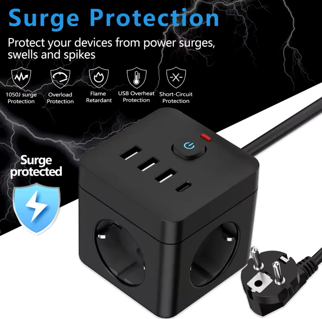 ORION91 Power CUBE 7 in 1 black 3 meters overvoltage protection cable, 3 outlets CA, 3 USB, 1 type C - SpazioLuzio