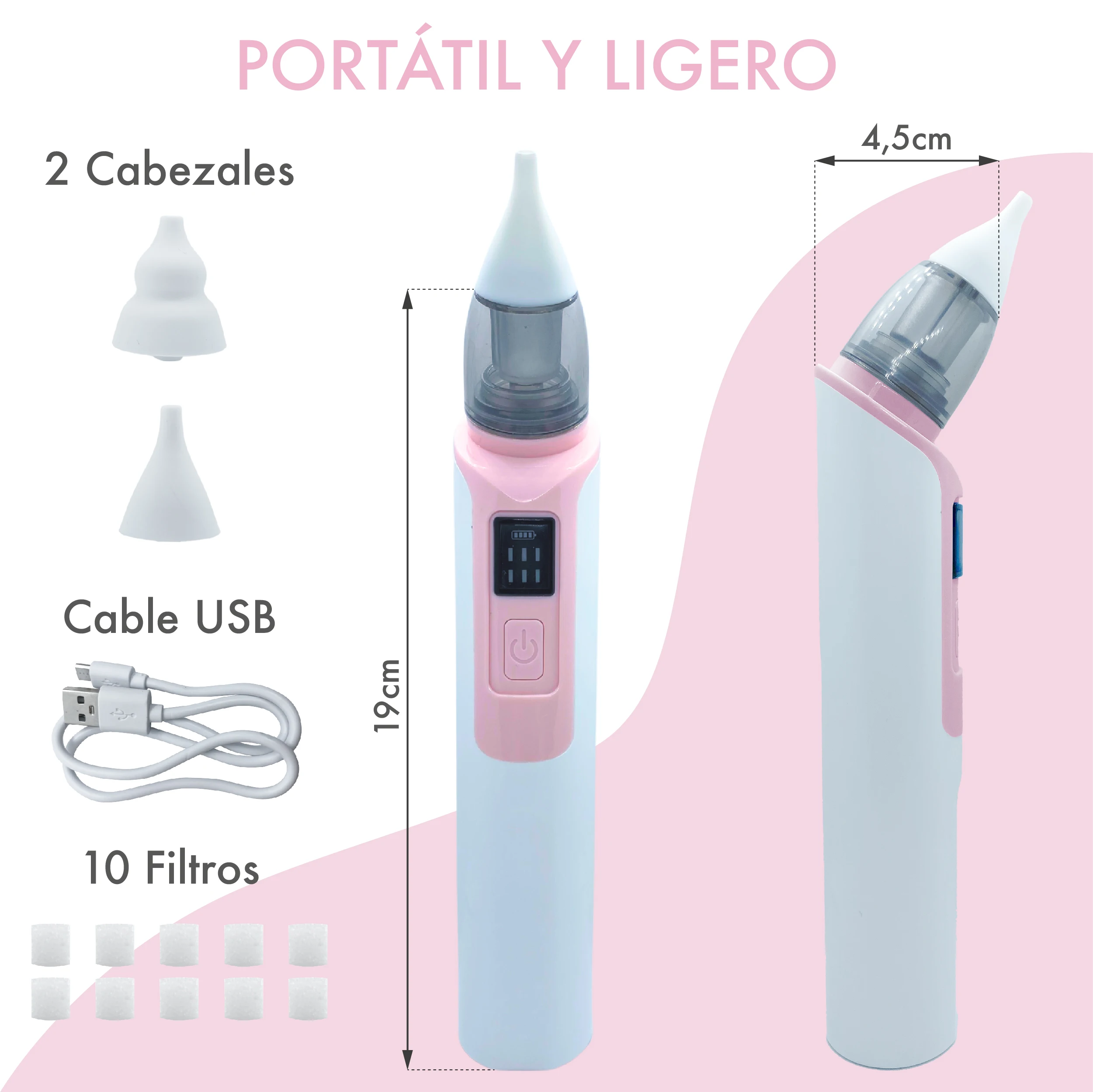 FOURSUMMERS Portable Nasal aspirator for babies. Baby sucker for Nasal washing in newborns. Infanti electric sucker. Safe Nasal Extractor for newborn baby.