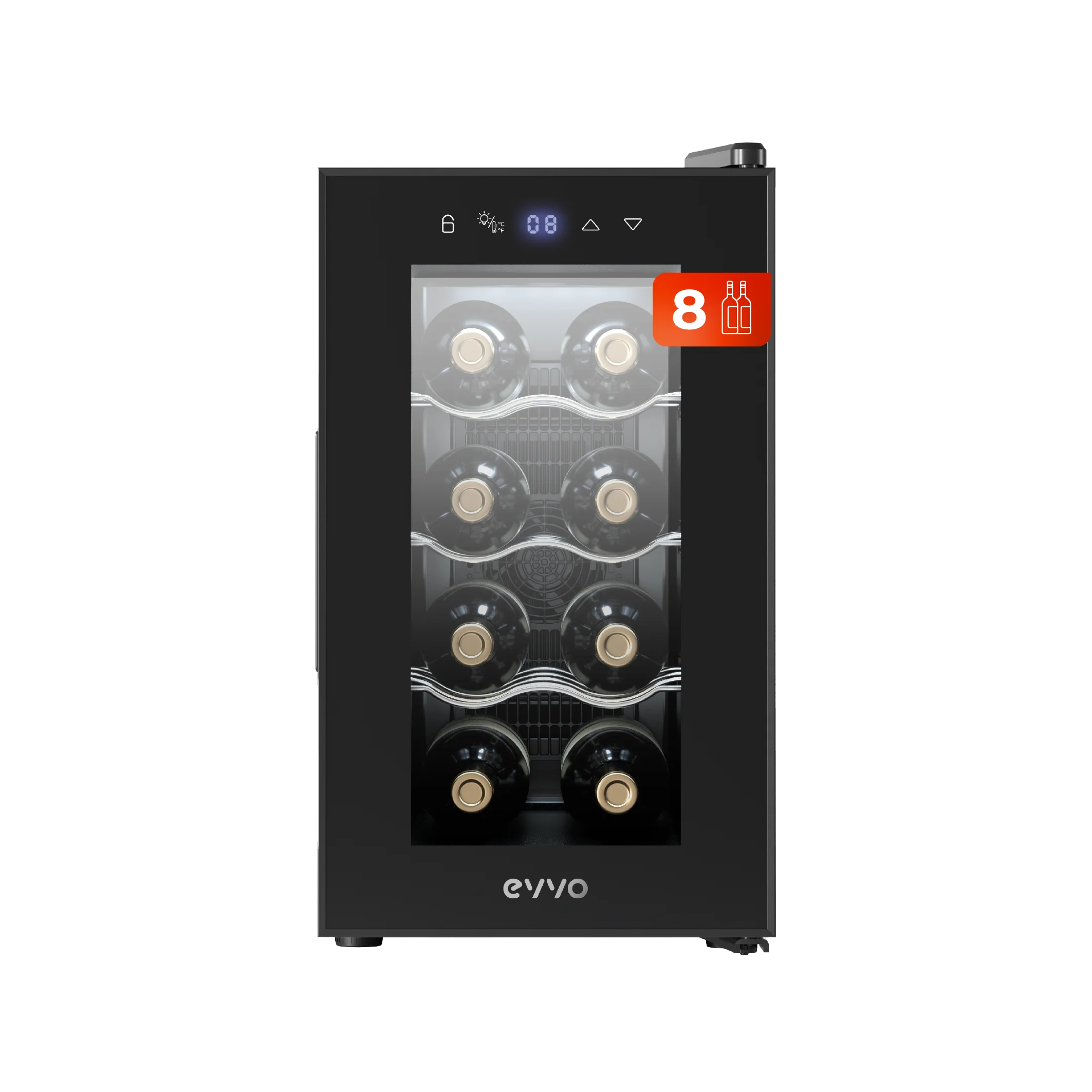 Vinoteca 8 botellas vertical muy silenciosa EVVO VT8, enfiramiento termoeléctrico, 8-18ºC, 35 dB, pantalla táctil