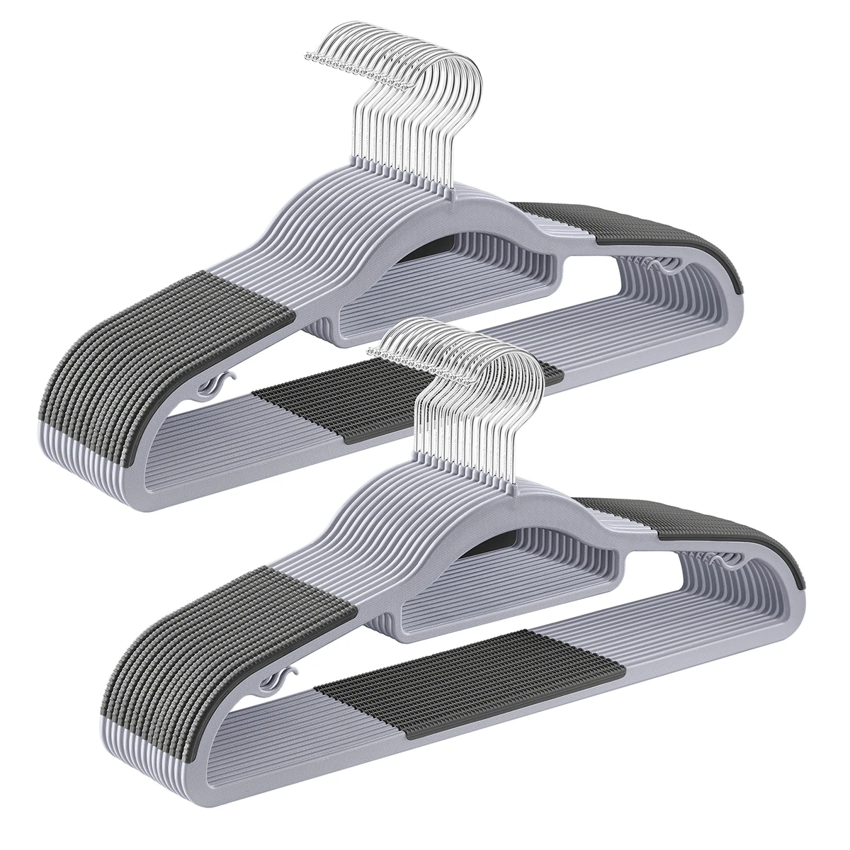 SONGMICS Juego de 30 Perchas, Perchas de Plástico, Antideslizantes, Ahorra Espacio, 0,5 cm de Grosor, 42 cm de Largo, Gancho Plata Giratorio de 360°, Gris Claro y Gris Oscuro