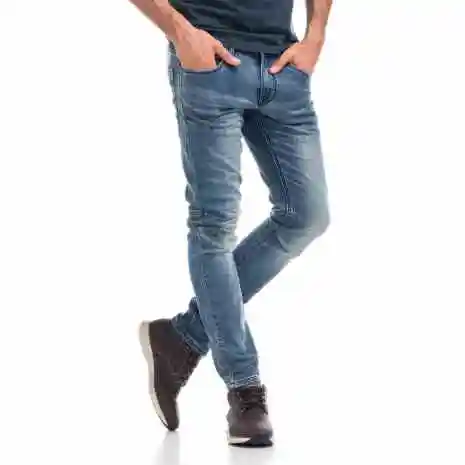 Koroshi - Vaquero slim 1821PT17 para hombre de tejido denim elástico 98 % algodón y 2 % elastano con efecto lavado desgastado y costuras decorativas azul medio