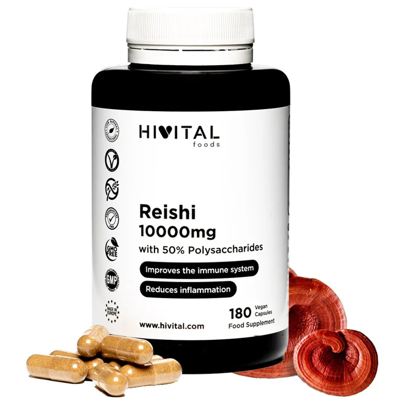 Pure Reishi 10000 mg. 180 vegan capsules for 6 months. Hivital