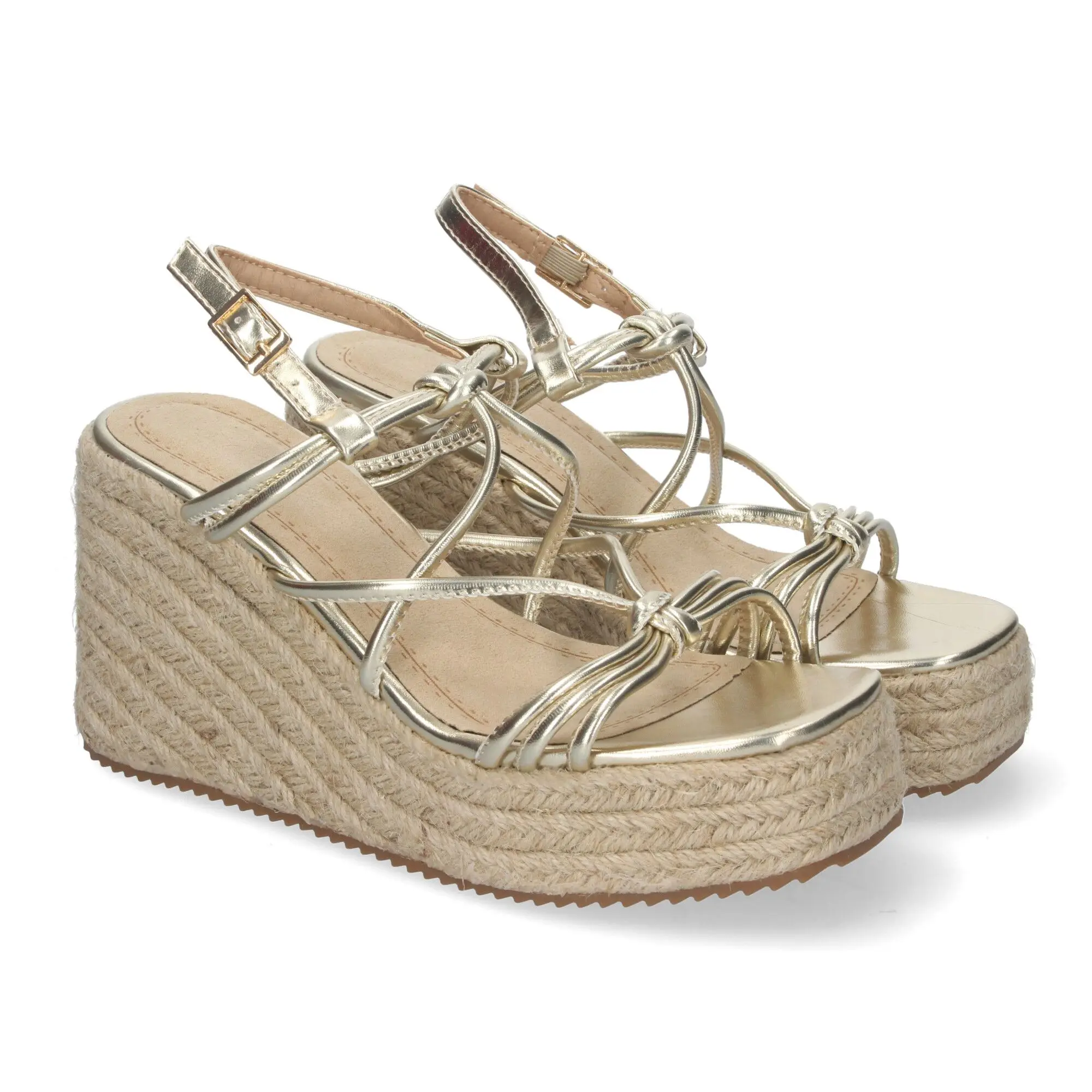 PuntoSalao Sandalias doradas de cuña en yute de tiras para mujer JNS-5P500
