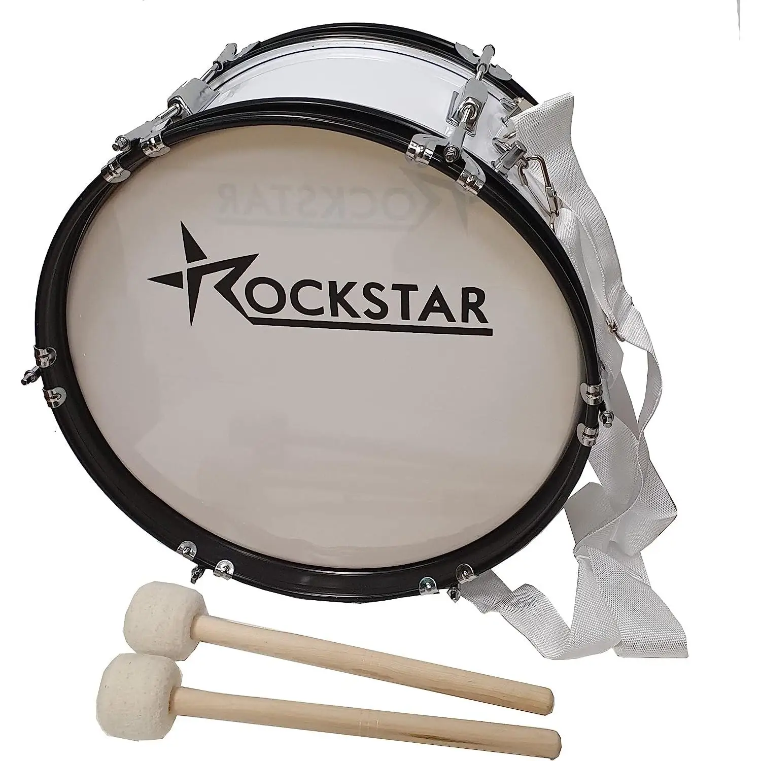 ROCKSTAR MUSIC - Bombo Charanga Banda y Animación LQM1607 16"x7" (41cm x 18cm) con 2 Mazas y Correa Cruzada - Rockstar